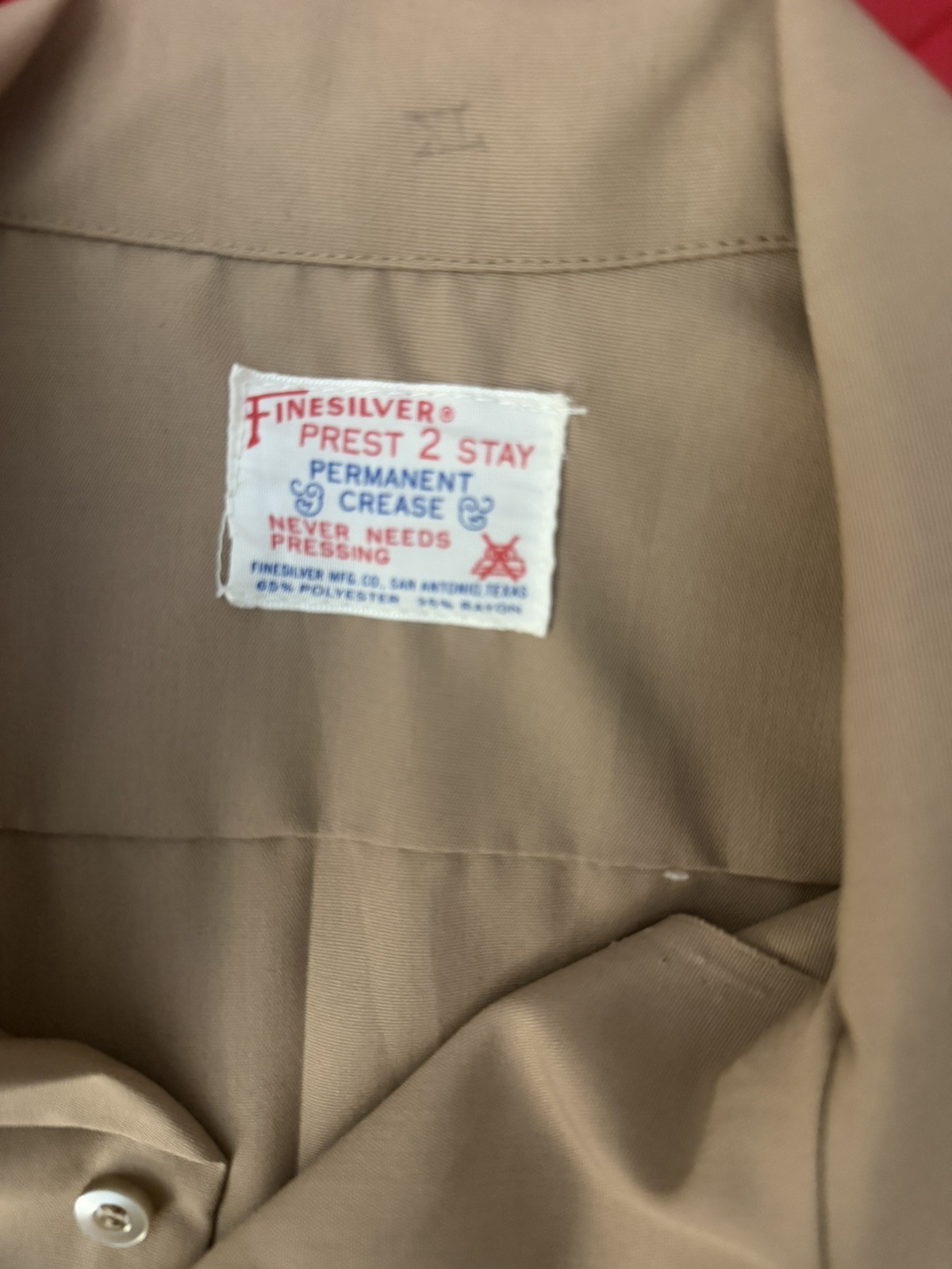 Vintage Finesilver Prest 2 Stay Shirt Tan Epaulets Poly Blend Short Sleeve