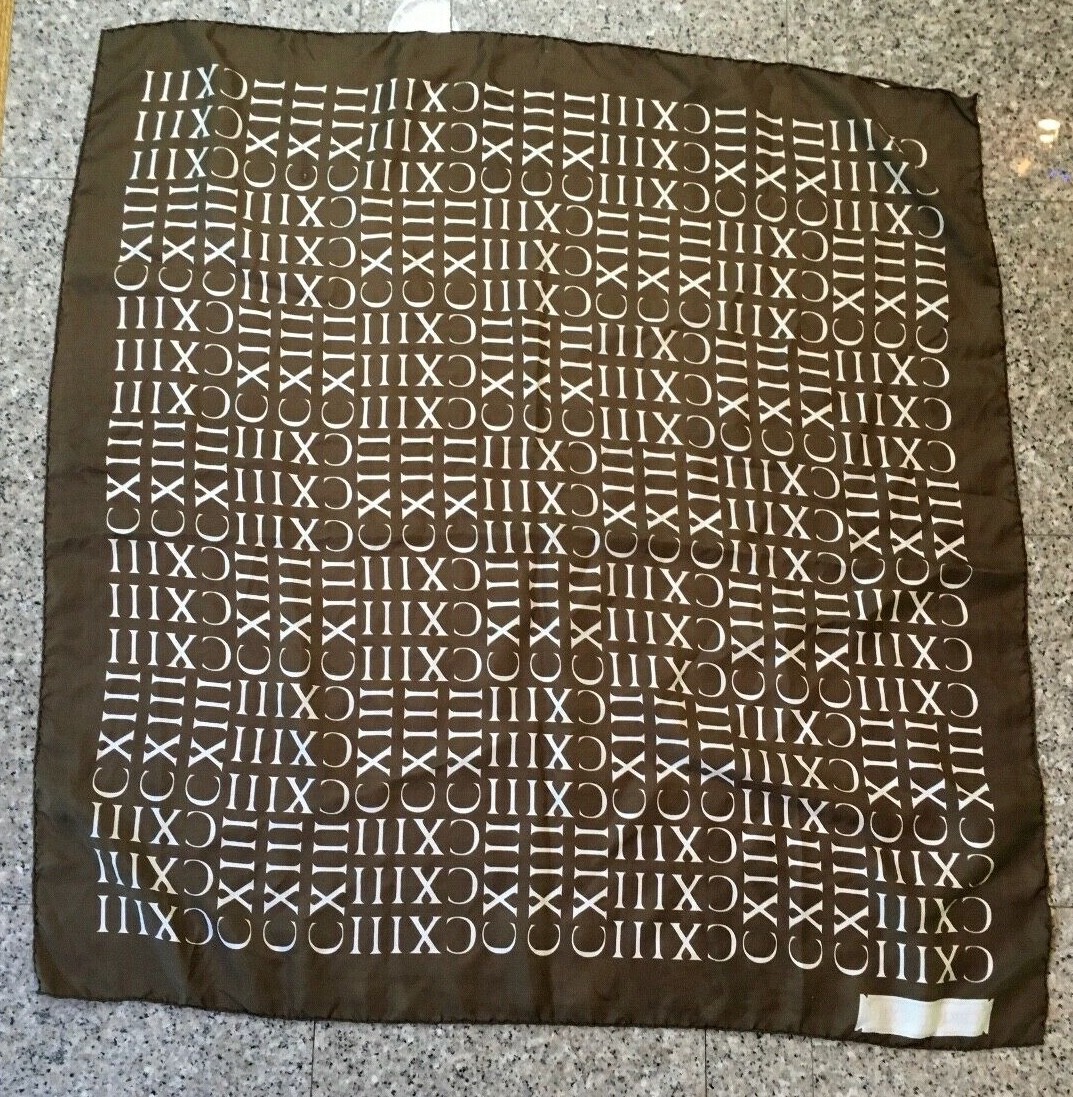 VINTAGE CERRUTI Silk CXlll Signature Square Brown Off-White Scarf Rolled Edges