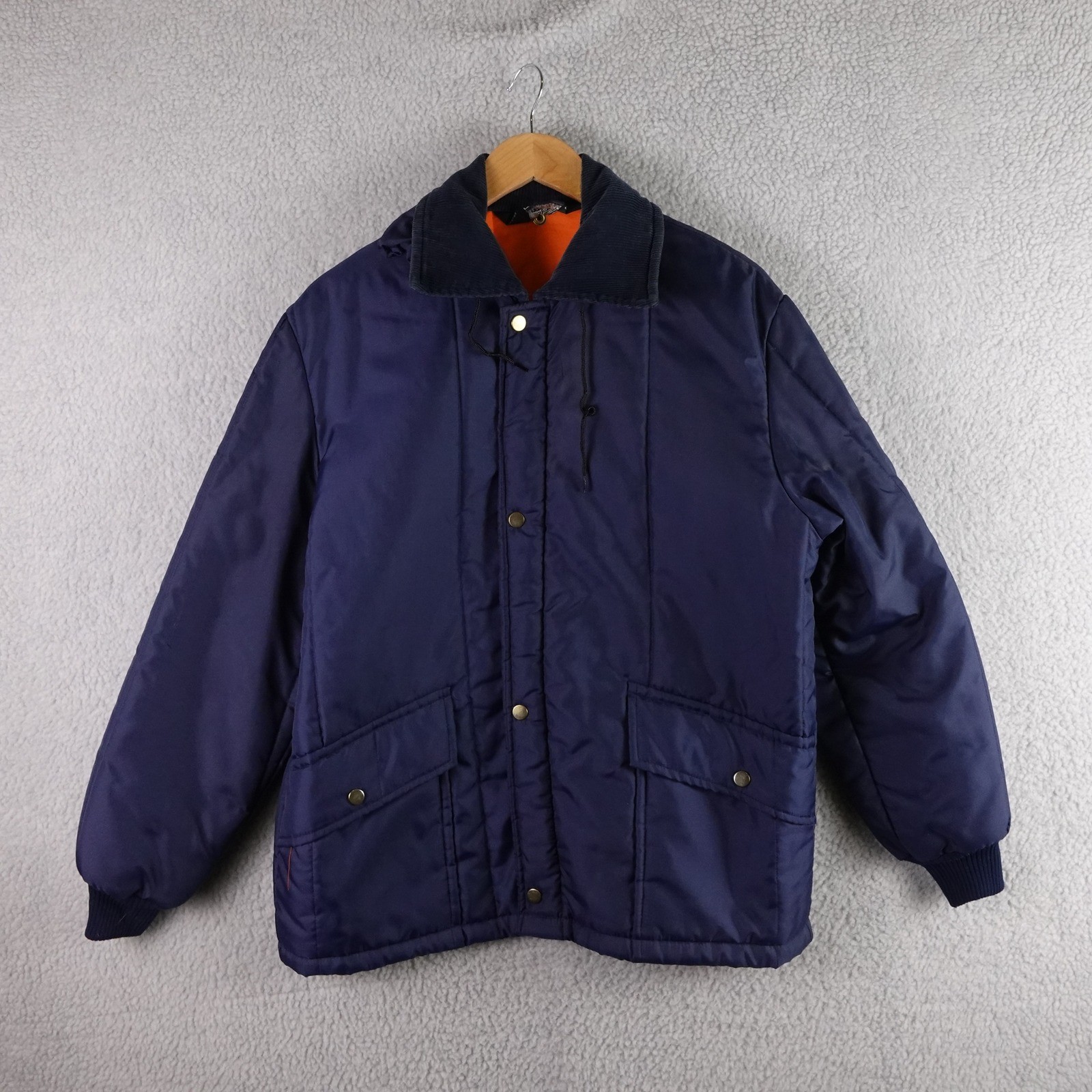 Vintage Sears Workn Leisure Mens Navy Blue Insulated Chore Jacket Orange Lining