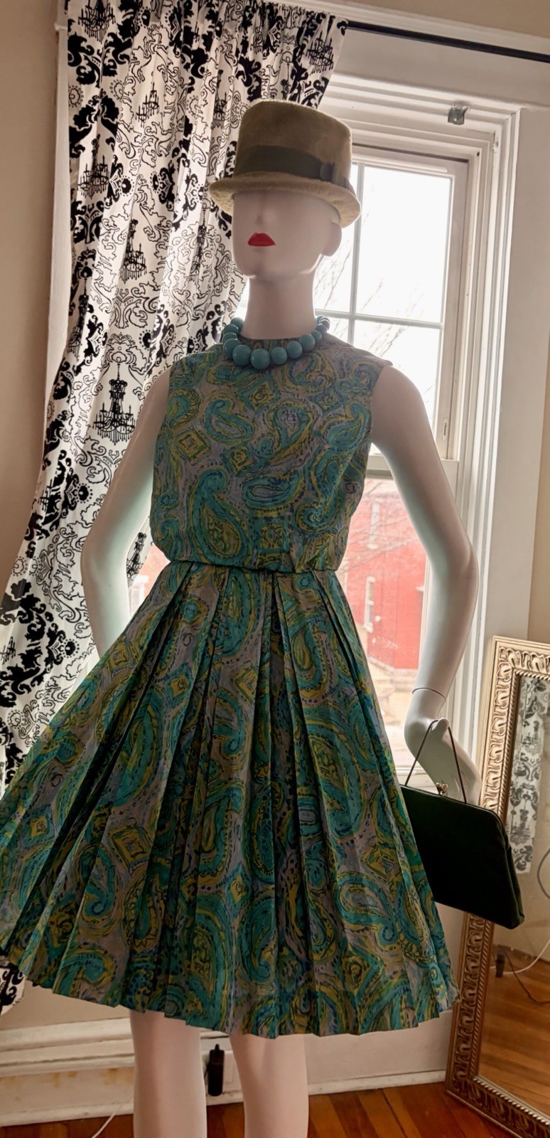 Vtg 50s 60s Bold Print Garden Party Dress Fit & Flair S 36/24 USA Union VLV 🔥