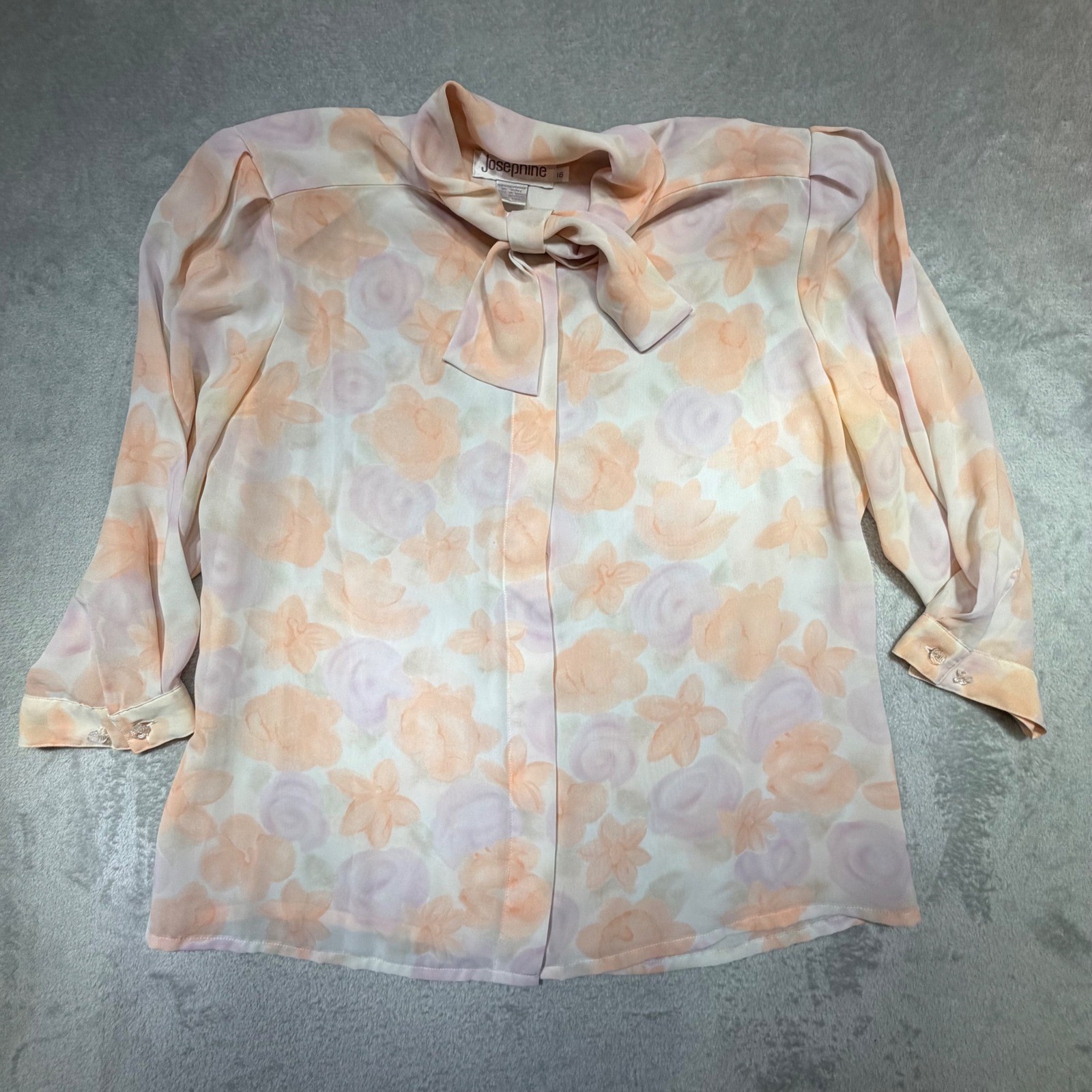 Vintage Josephine 80s Pastel Floral Bow Blouse Size 16 Peach Lavender Sheer