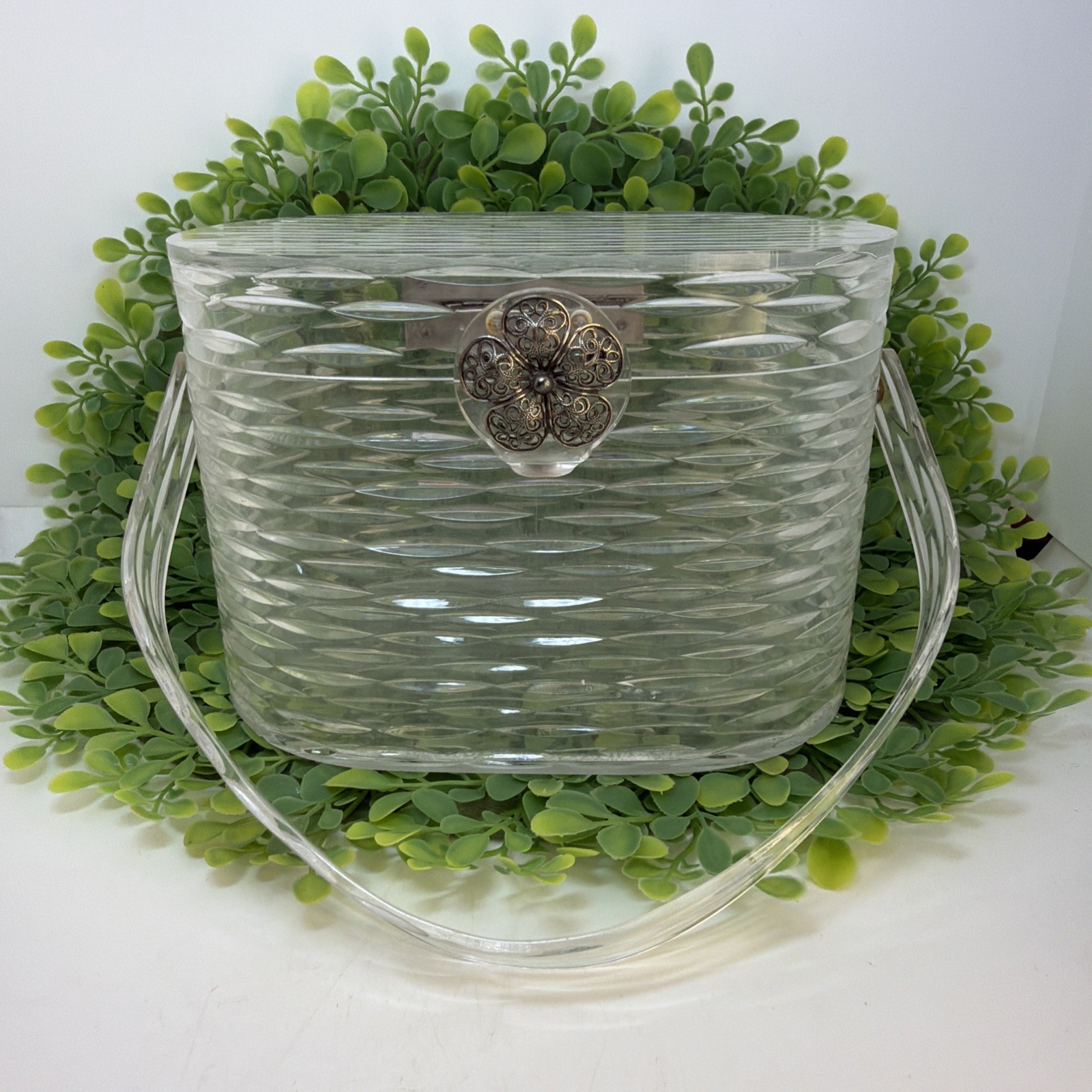 Vintage WILARDY Clear Lucite Purse Handbag With Strap Flower Handle 7″