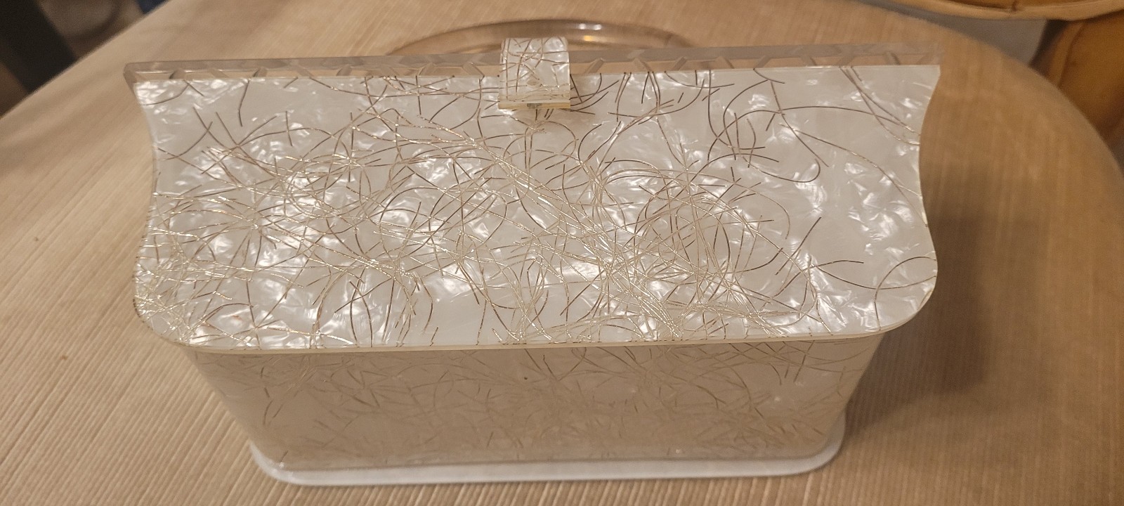 Vintage lucite purse Pattern gold line geometrics & clear top with handle