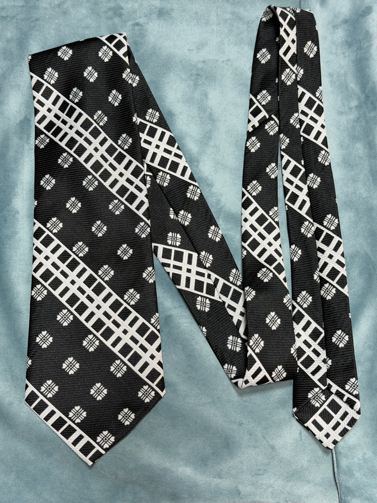 Vintage 70s Modern Geometric Wide Neck Tie Pattern Mix Stripe Black Polyester