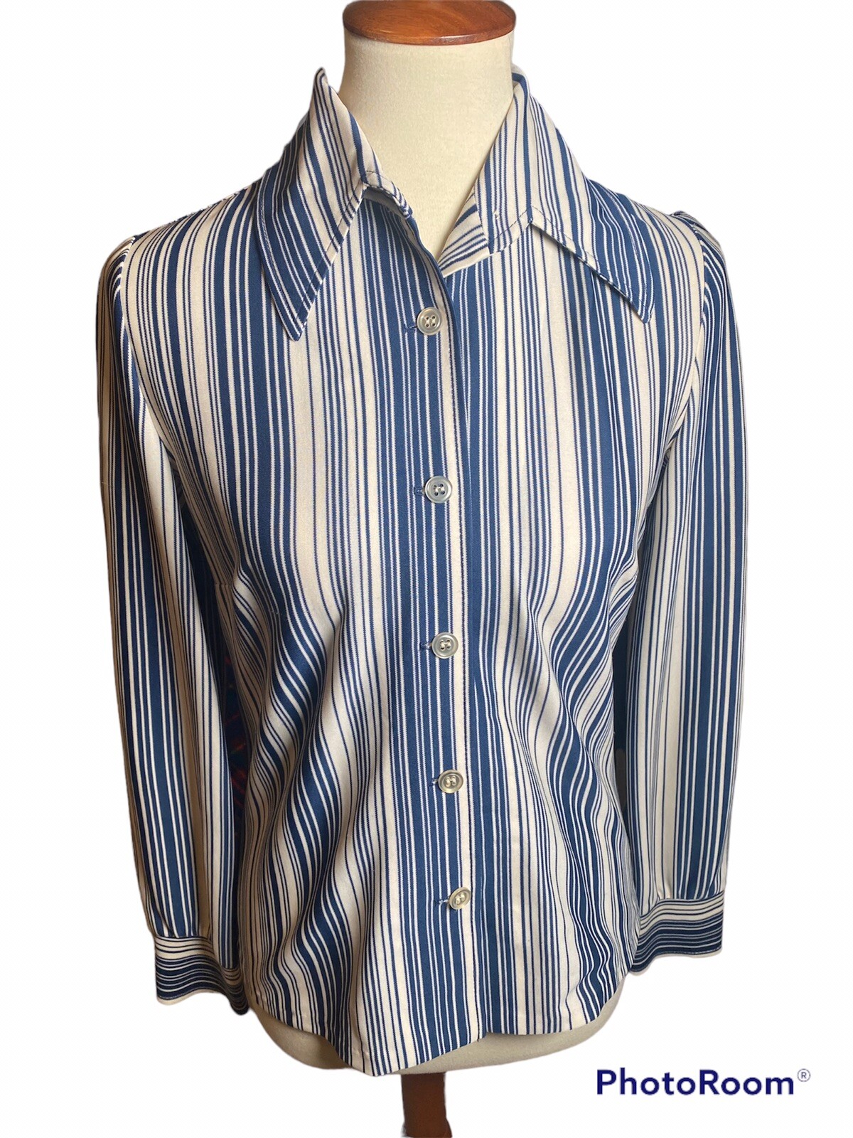 vintage 70s Blue and White Striped Button Down with Clear Buttons. size 8.