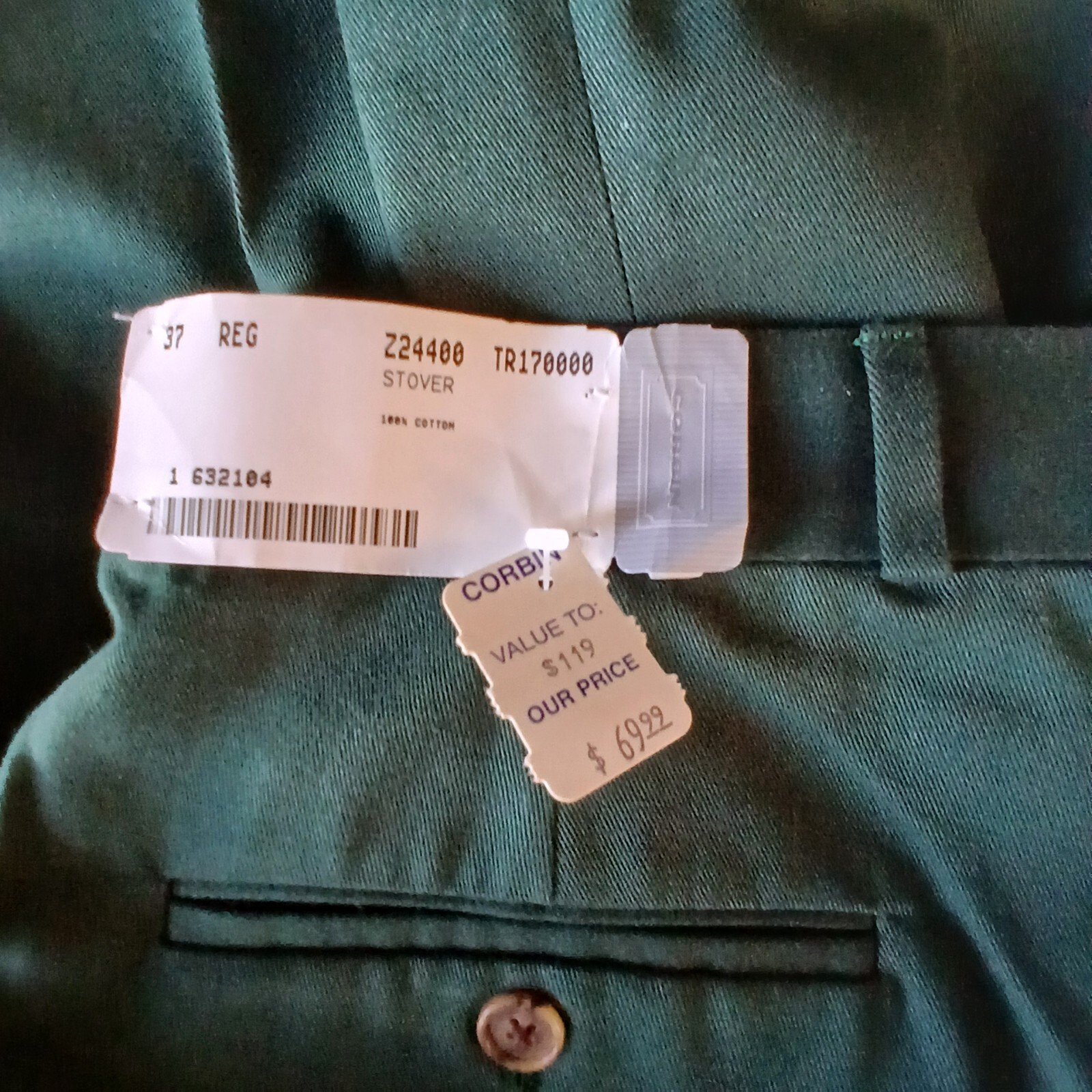 NOS Vintage Corbin 100% Cotton Flat Front Pants Size 37 Unhemmed