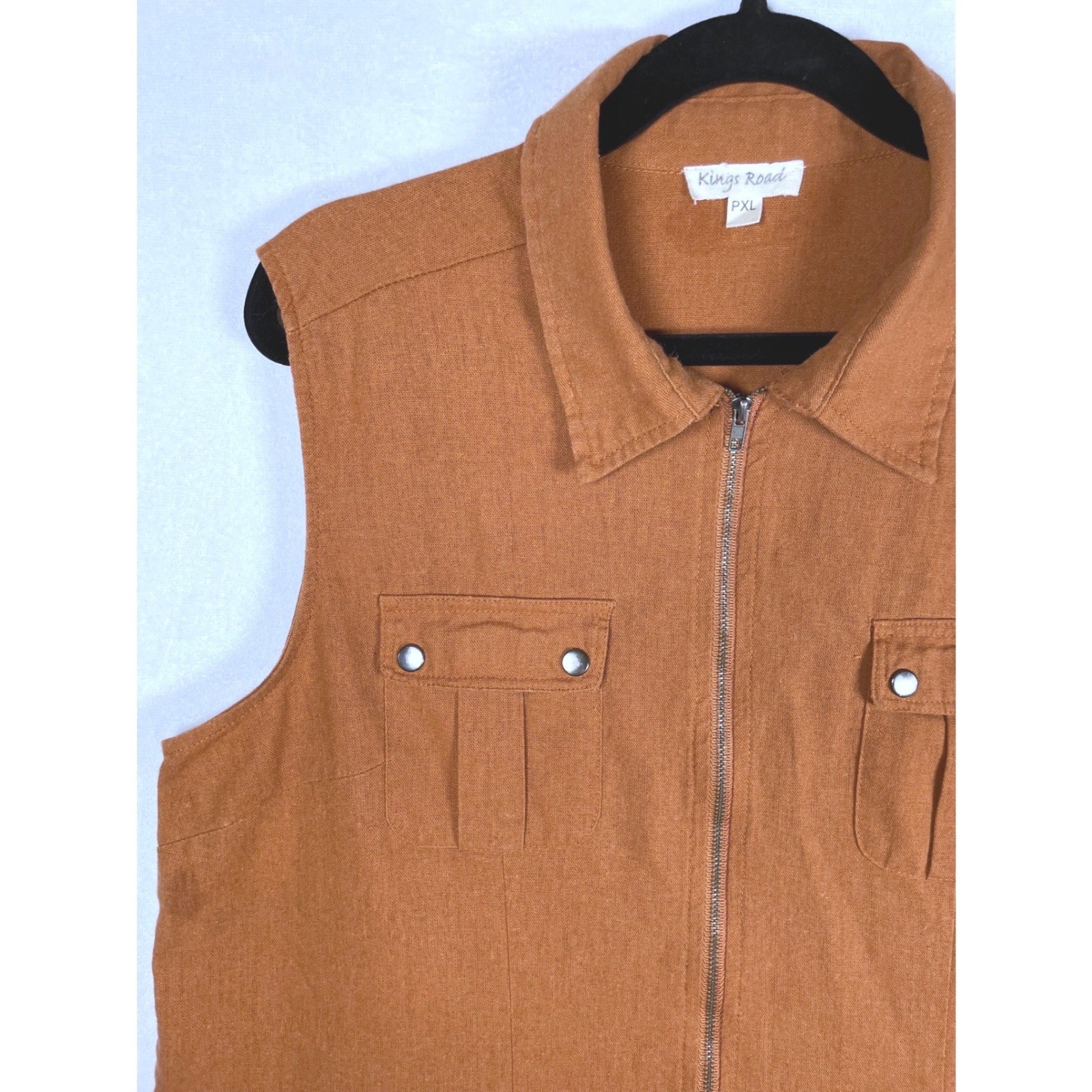 linen blend zip collar shirt dress mini sleeveless XLP rust brown 90s Y2K