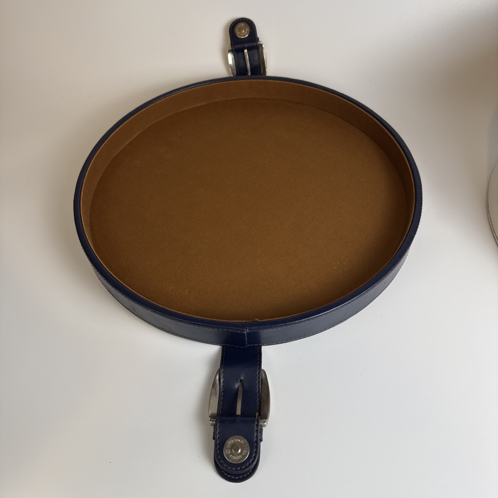 Vintage Style Round Hat Box Off White Navy Blue Trim Travel Case Makeup Vanity