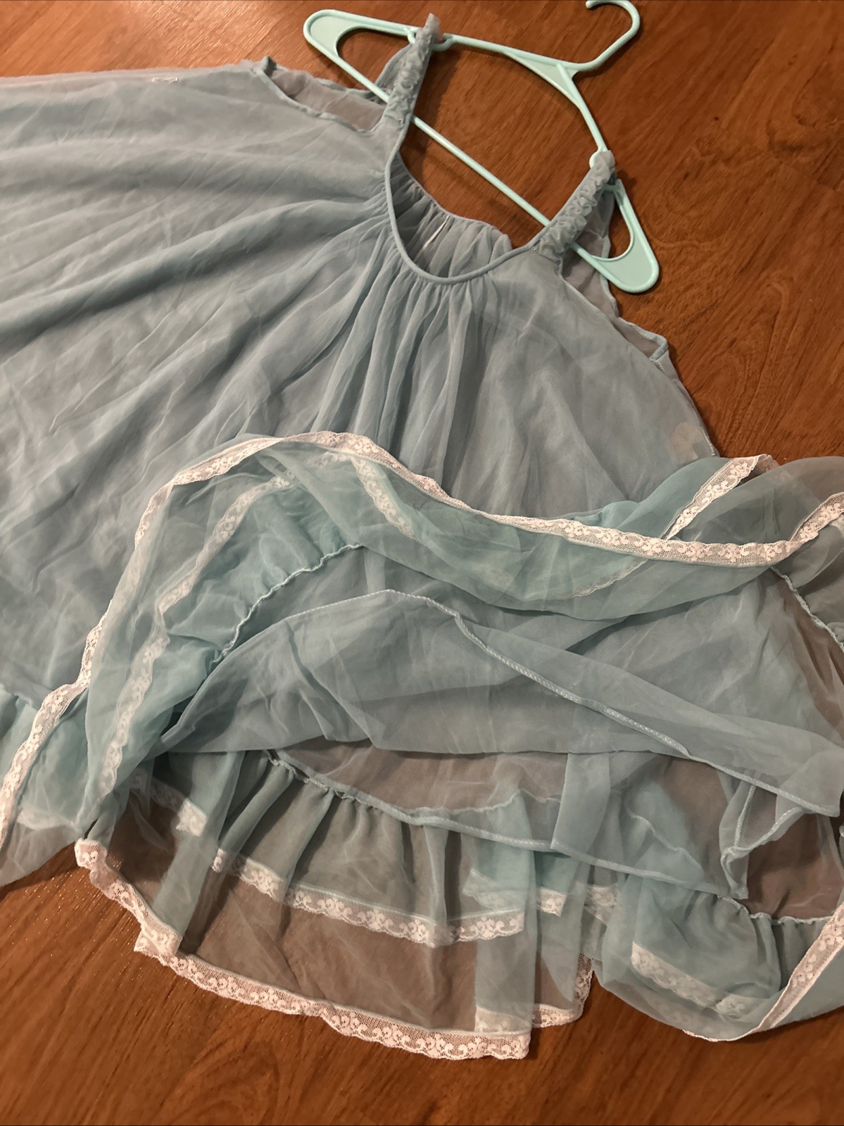 Vintage Rare Miss Elaine Aqua Nightgown Blue Sheer Chiffon Lace Babydoll