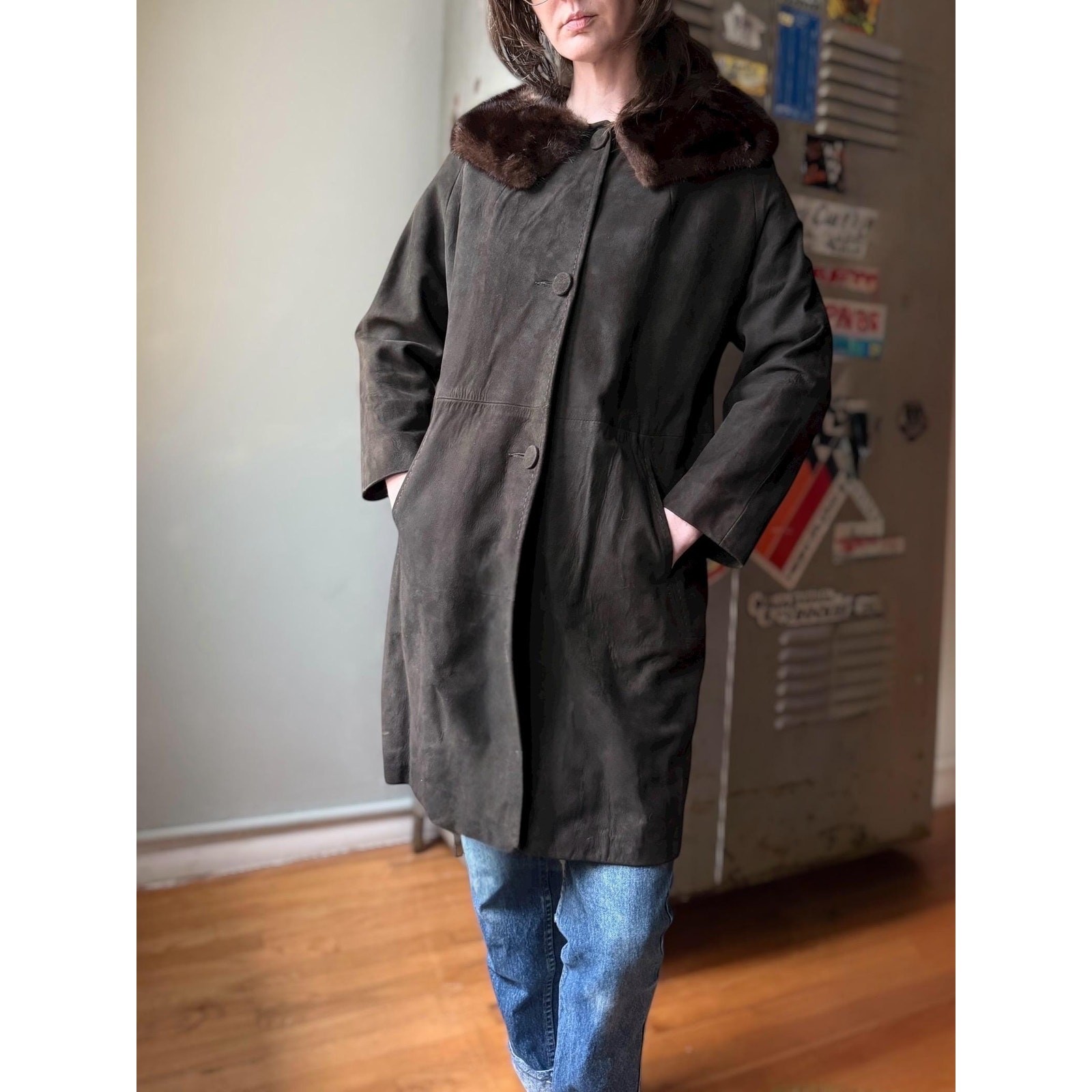 Vintage 60s Suede Coat | Mink Fur Collar Mid Length | Chocolate Brown | Size M/L