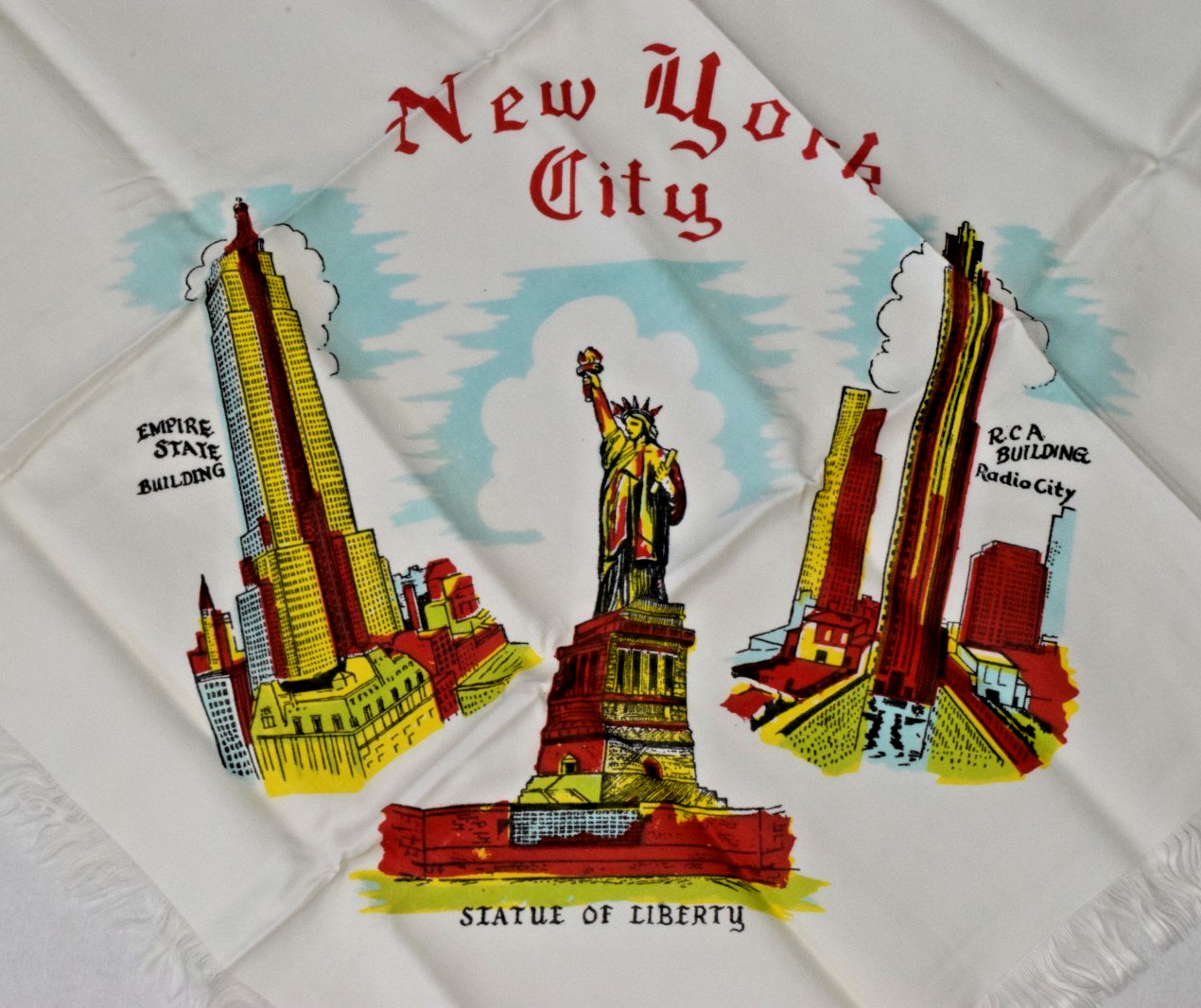 Vintage Silk Scarf 1940s Hand Painted New York City Buildings Brand New 26X25 In