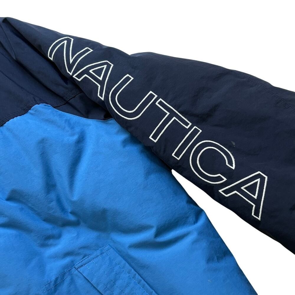 Nautica Sailing Puffer Jacket Vintage Reversible Blue Color Block Yellow 2XL 90s
