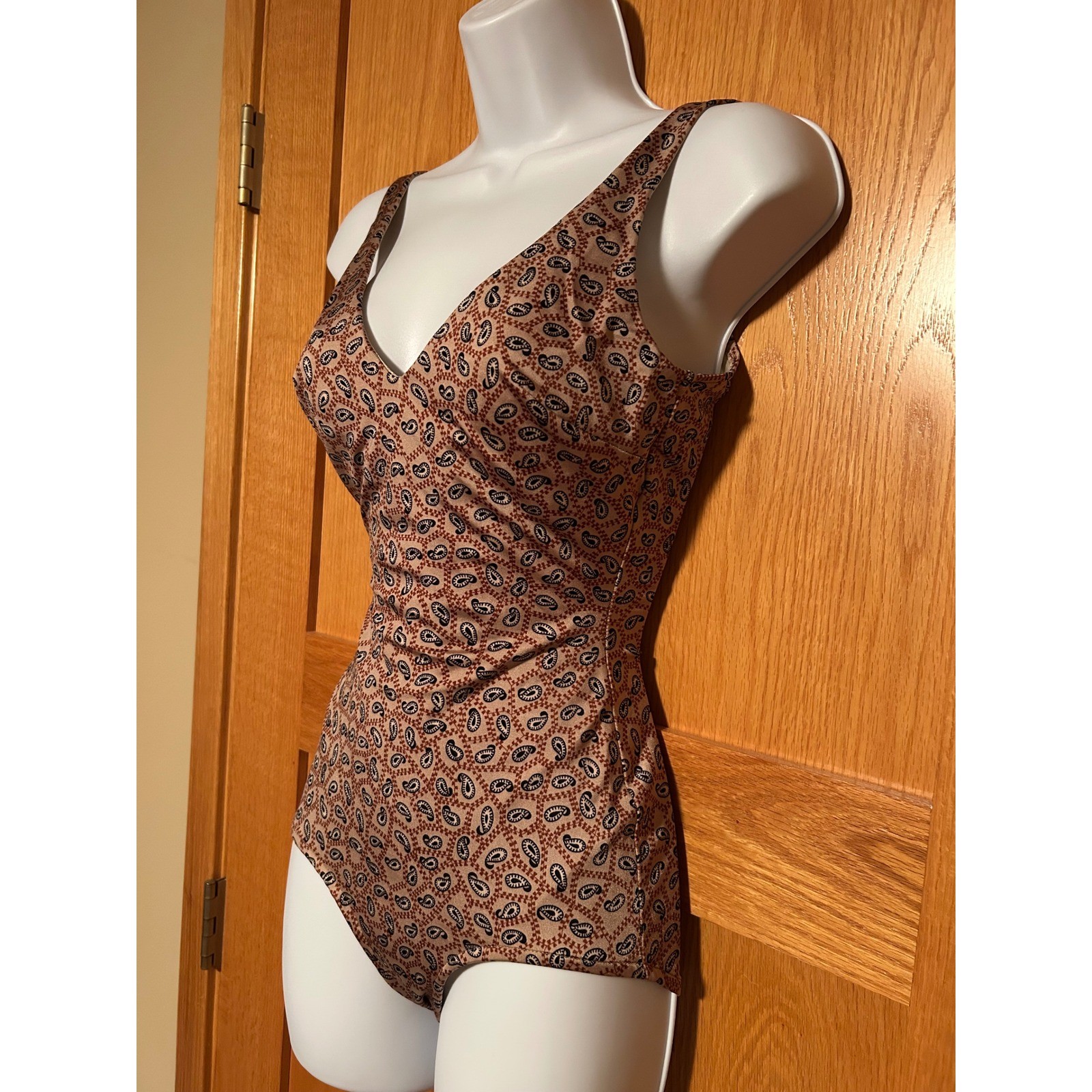 Vintage 70s 80s Cole of California Paisley One Piece Swimsuit Brown Red V-Neck
