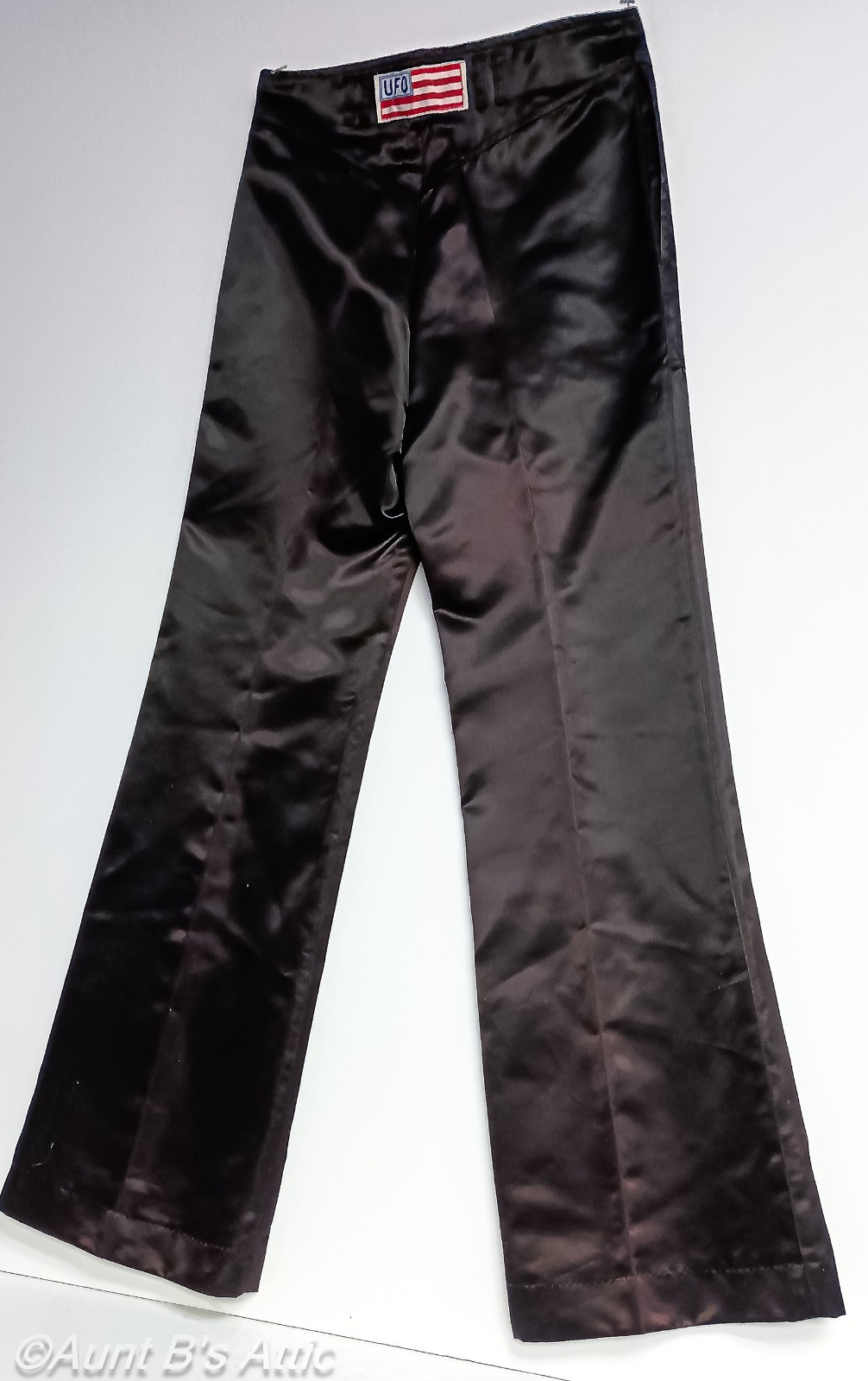 Vintage 70s Men’s UFO Black Satin Flare Leg Front Pocket Pants 28 x 30
