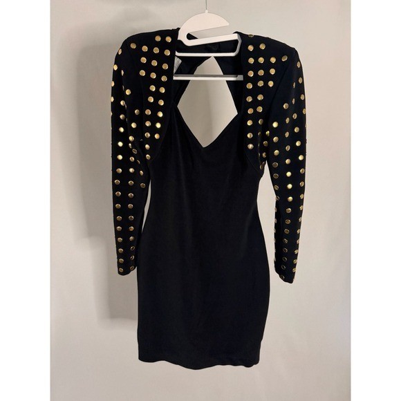 Vintage Tadashi Shoji Black Gold Studded Open Back Mini Dress Long Sleeve 80s 8