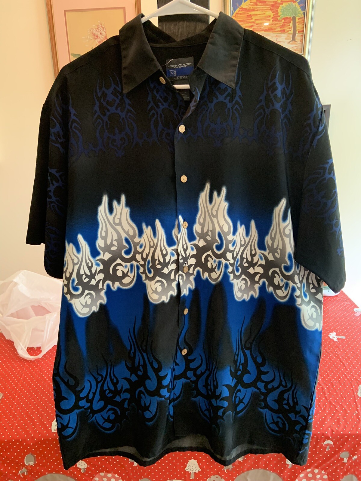 Vintage XG Island Tropical Blue Flame Poly Hawaiian Shirt Sz L Korea