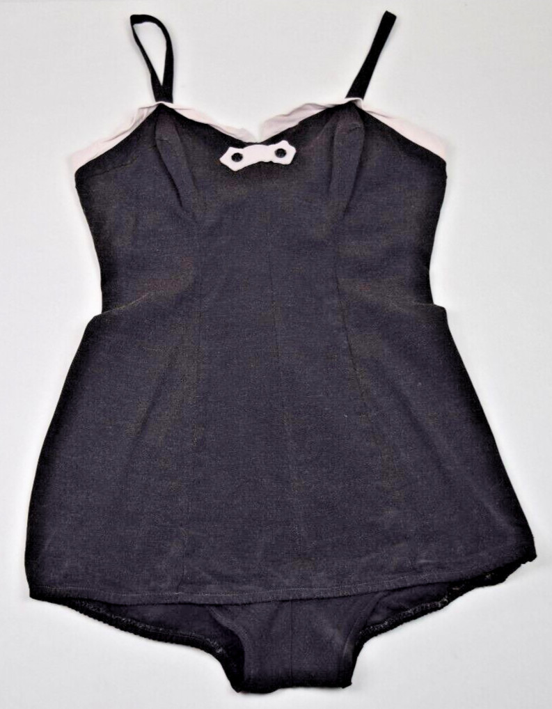 Swimsuit VTG Rose Marie Reid Size S/M 50s Tuxedo Buttons Charcoal Silky Texture