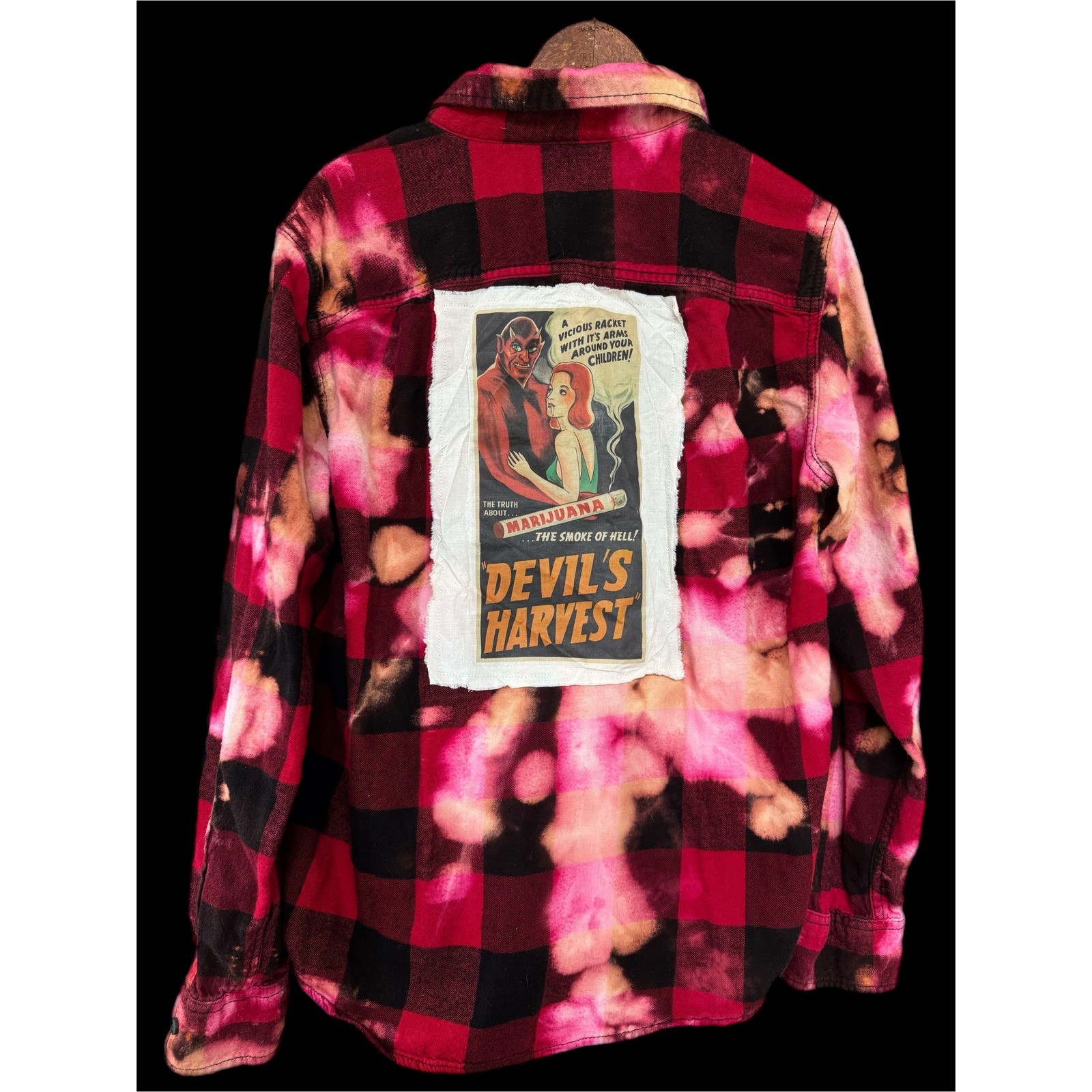 Vintage Marijuana Propaganda Flannel Bleach Dye Devil’s Harvest Shirt Size L