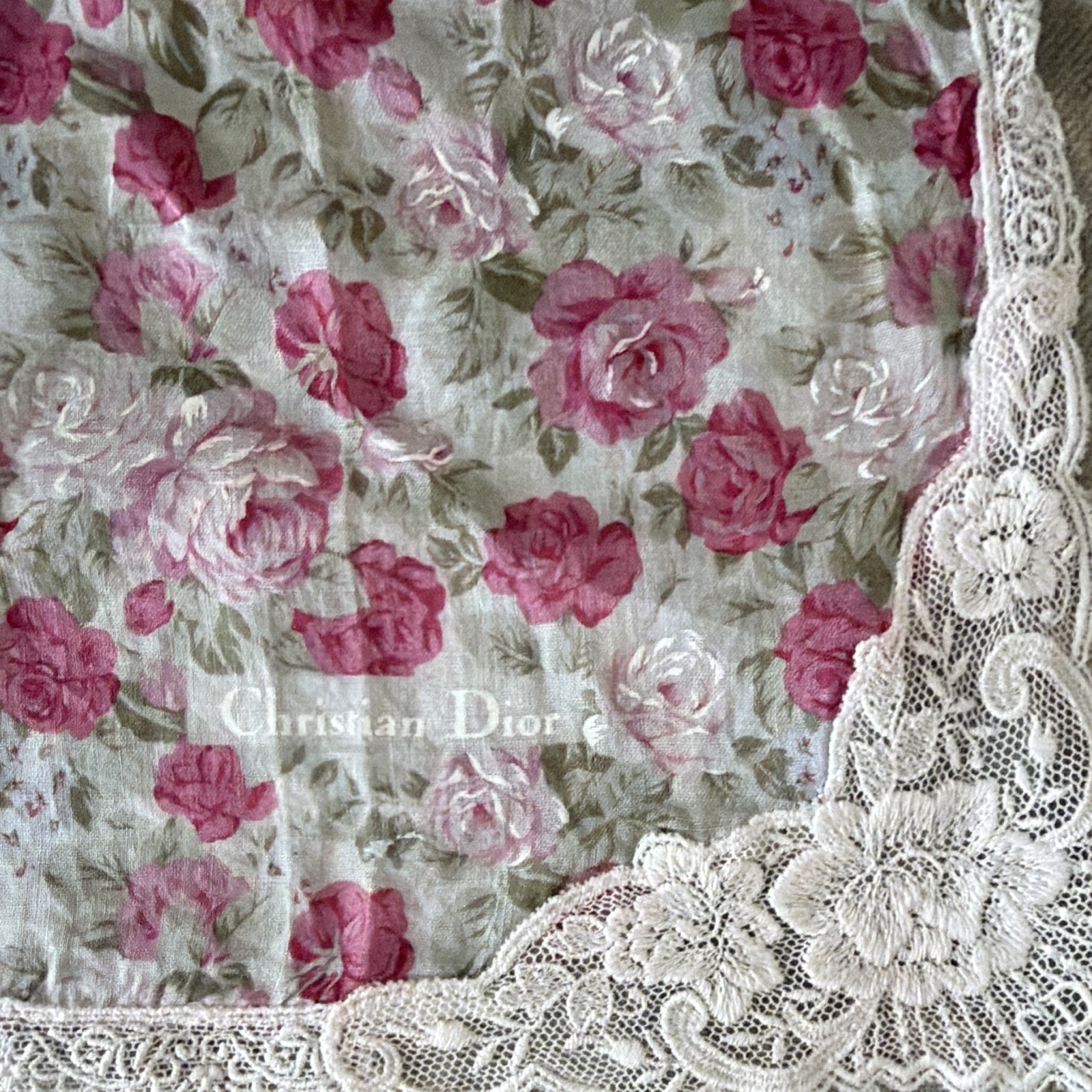 Christian Dior Women’s Pink White Green Floral Lace Trim Handkerchief