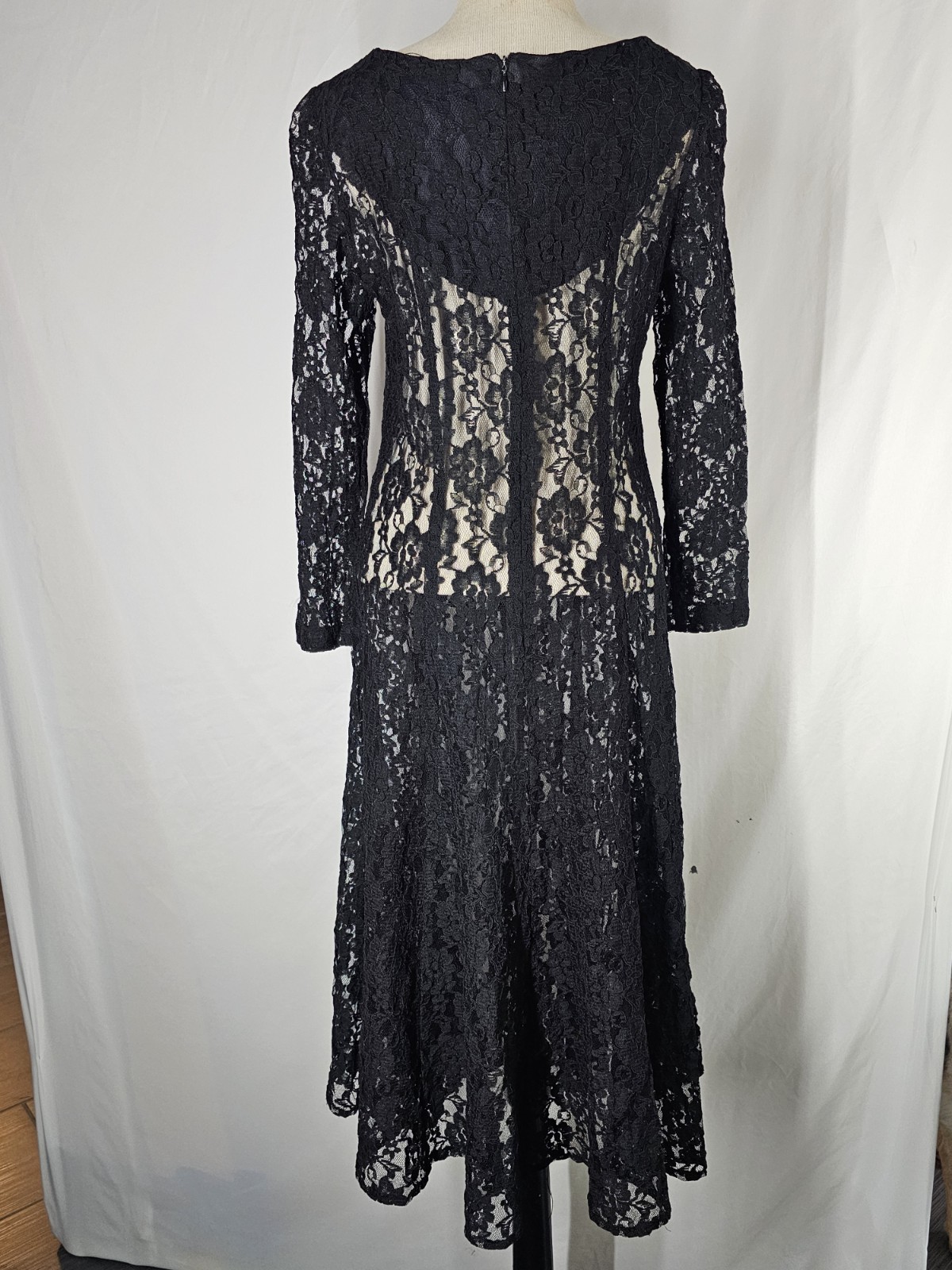 Vintage Karin Stevens Black Lace Dress Nude Illusion Bow Long Sleeve Midi