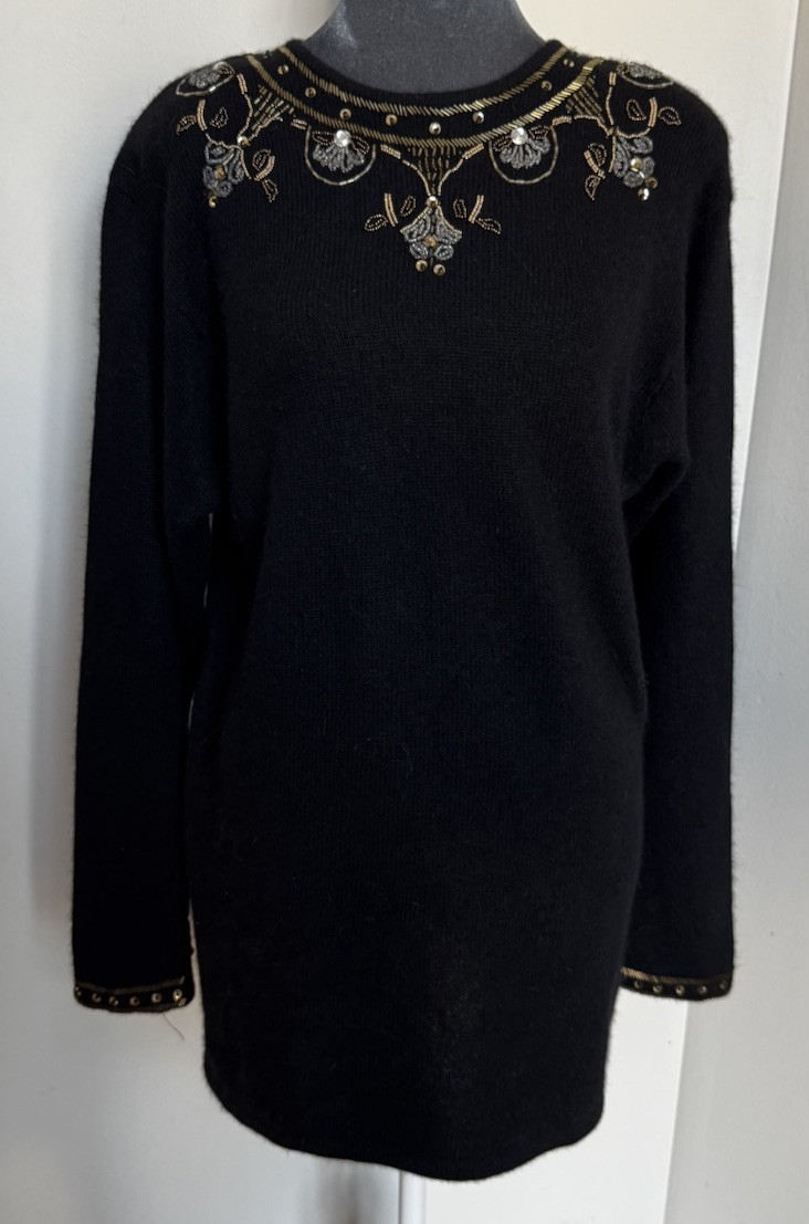 Vtg Boundary Waters Black Angora Lambswool Beaded Sweater Tunic M Embellished