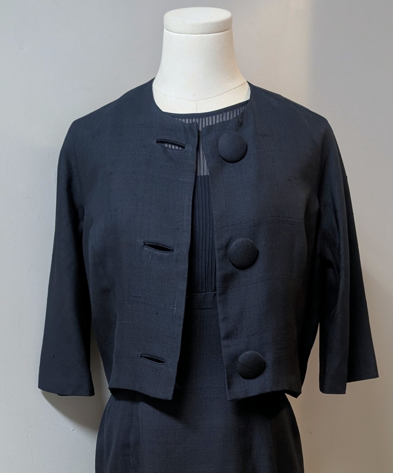 Vintage 60’s Black Illusion Bombshell Audrey Style Dress & Cropped Jacket Set XS