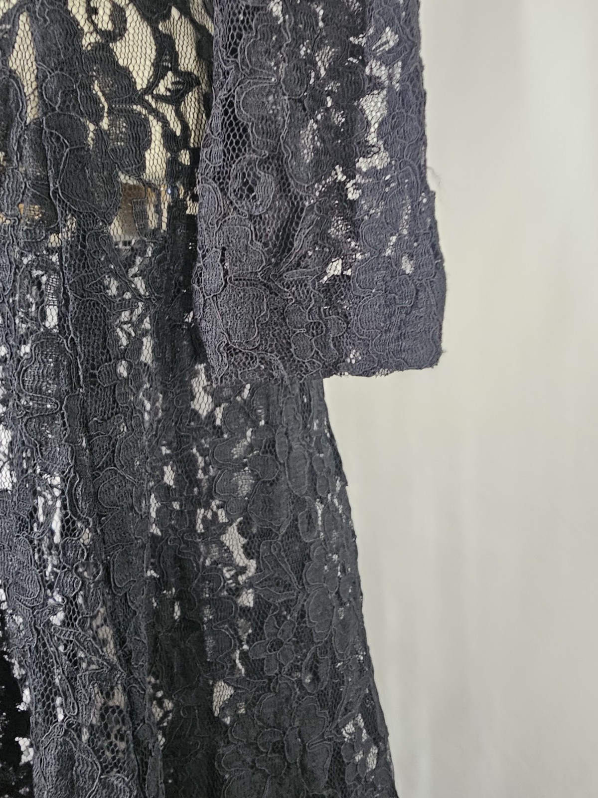 Vintage Karin Stevens Black Lace Dress Nude Illusion Bow Long Sleeve Midi