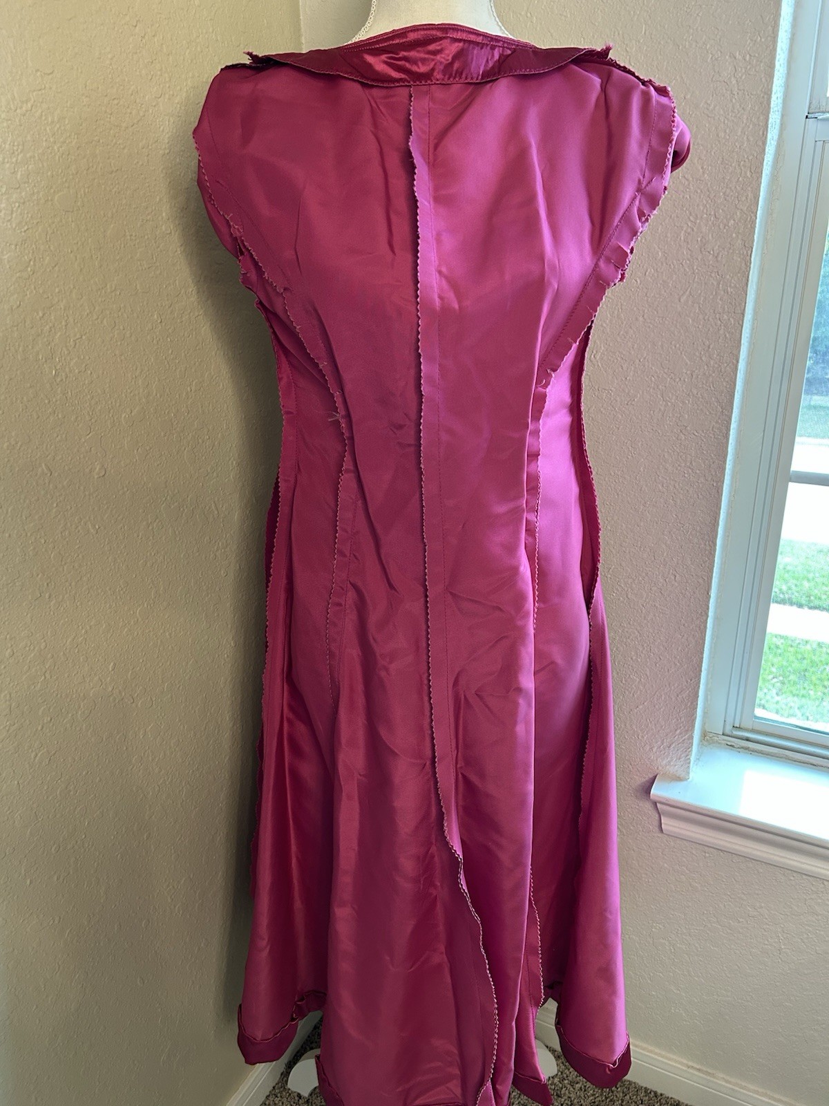Vintage Handmade Fuschia Satin 1960s Midi Dress With Adjustable Bow Tie Cinch