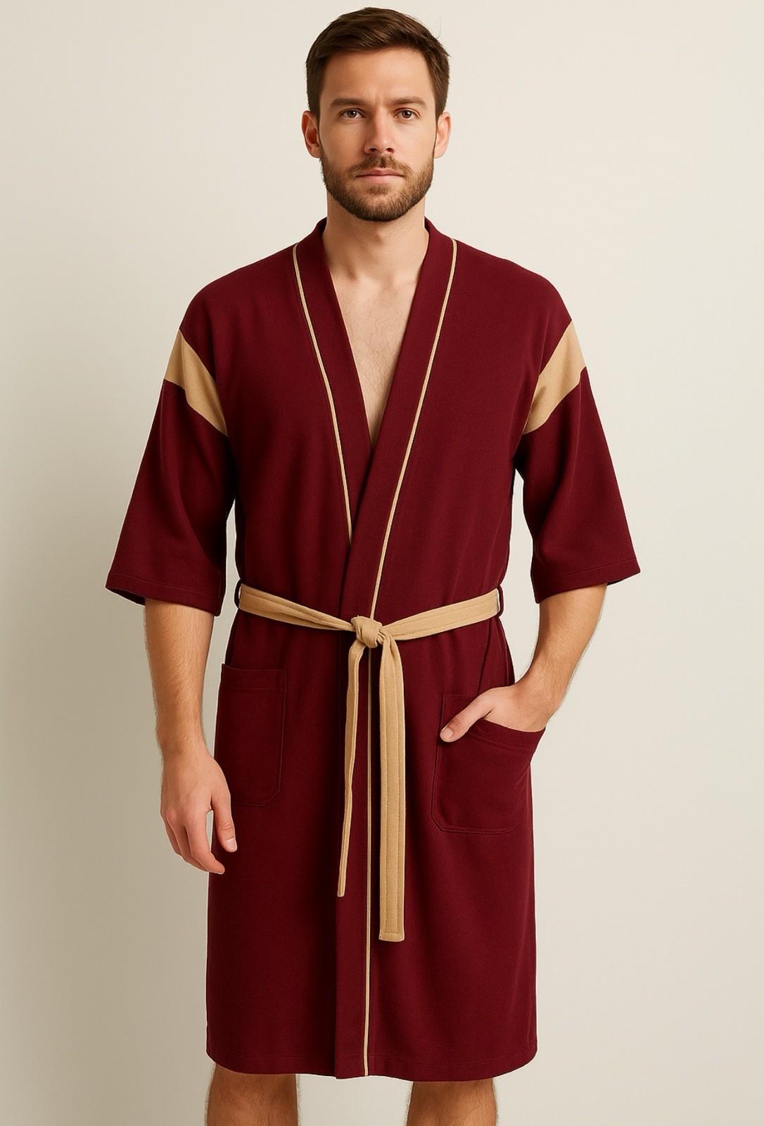 VTG Studio 5 Rose Collection Robe Burgundy Tan Trim OSFA Belted Lounge Bathrobe