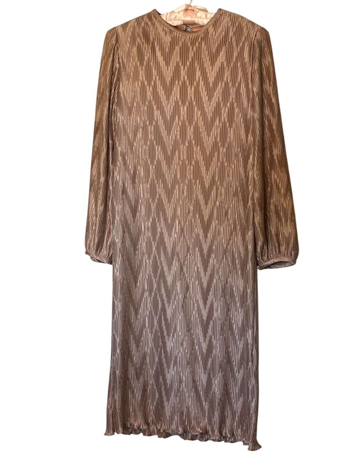Vintage Hal Ferman Midi Dress Size 14 Gold Chevron Metallic Pattern USA Elegant