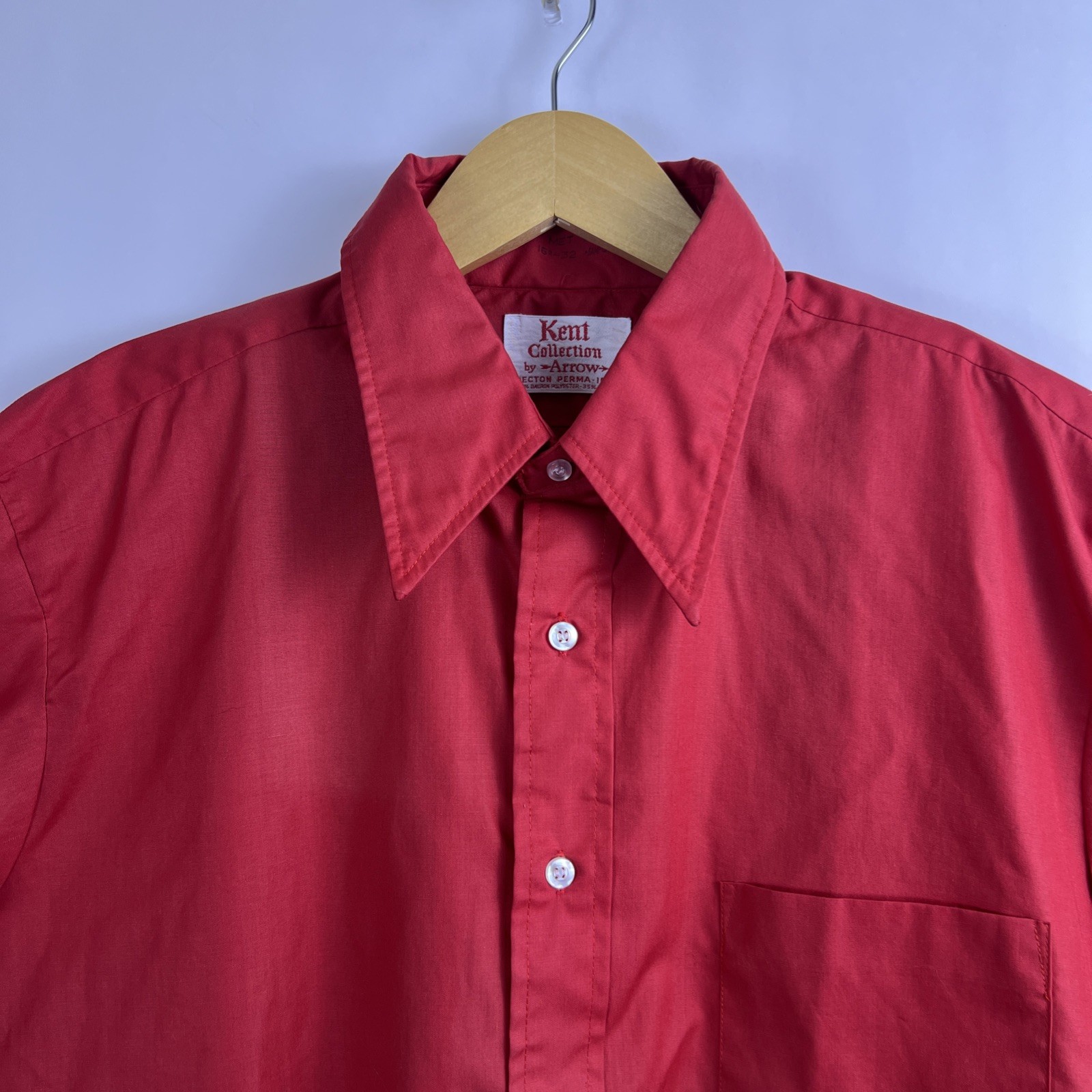 VTG 70s Arrow Kent Collection Mens 16-32 Red Dagger Collar Long Sleeve Button Up
