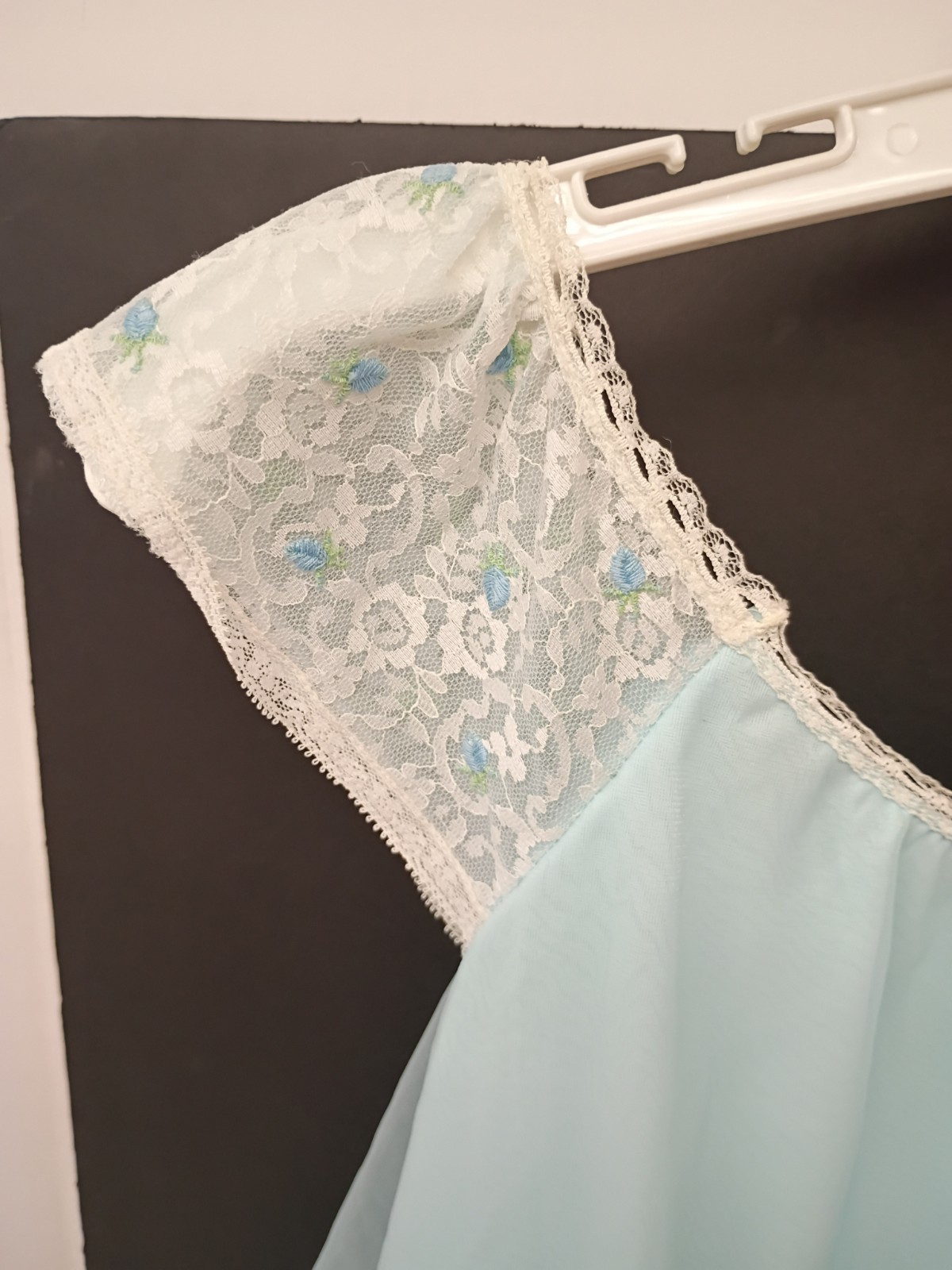 Miss Elaine Vintage Blue Babydoll Nightgown White Lace Trim Sheer 41″