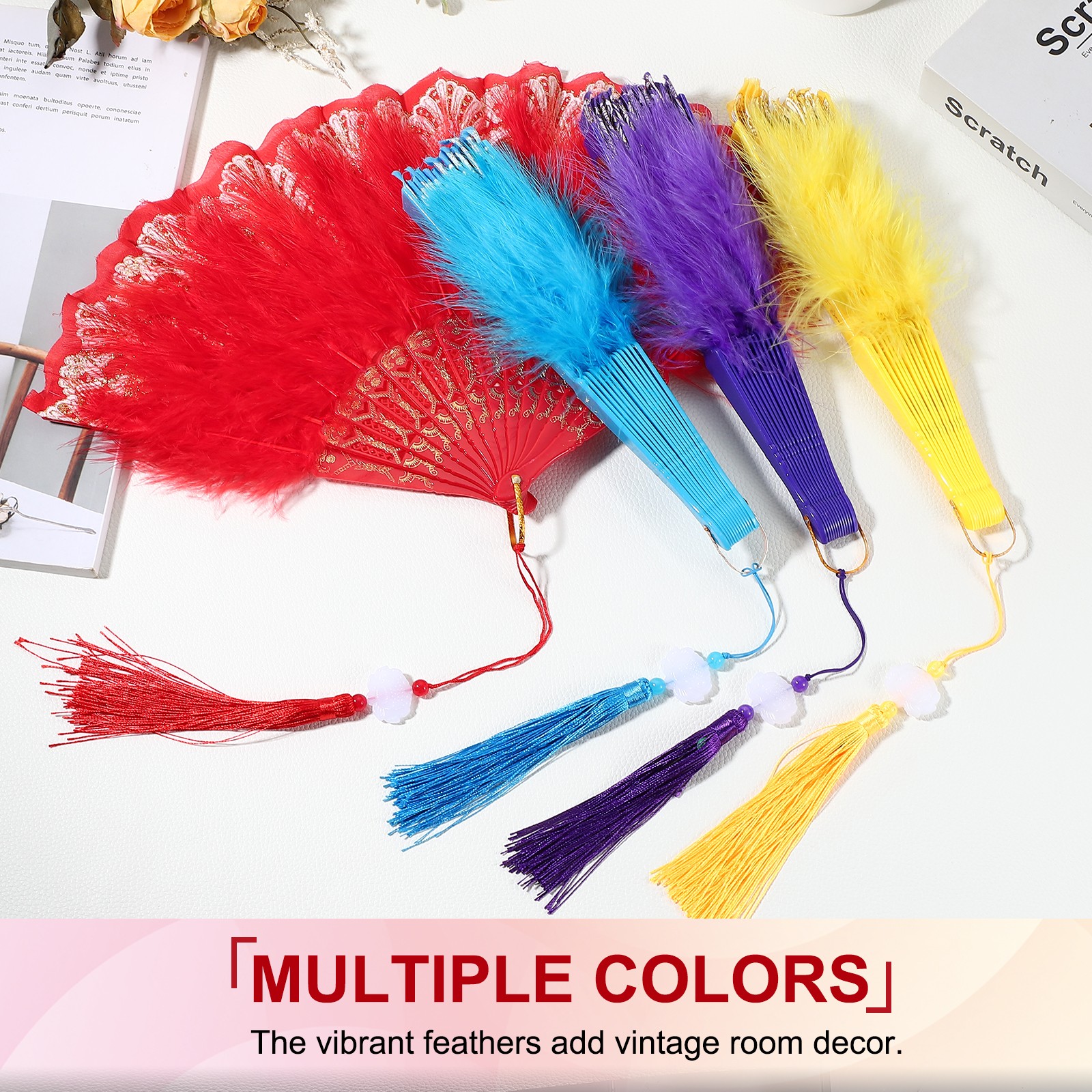 Embroidered Flower Marabou Feather Fan compatible with Costume Party, Black