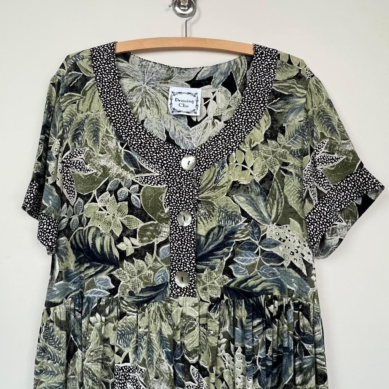 vintage 90s rayon gauze babydoll dress safari botanical plant floral boho hippie