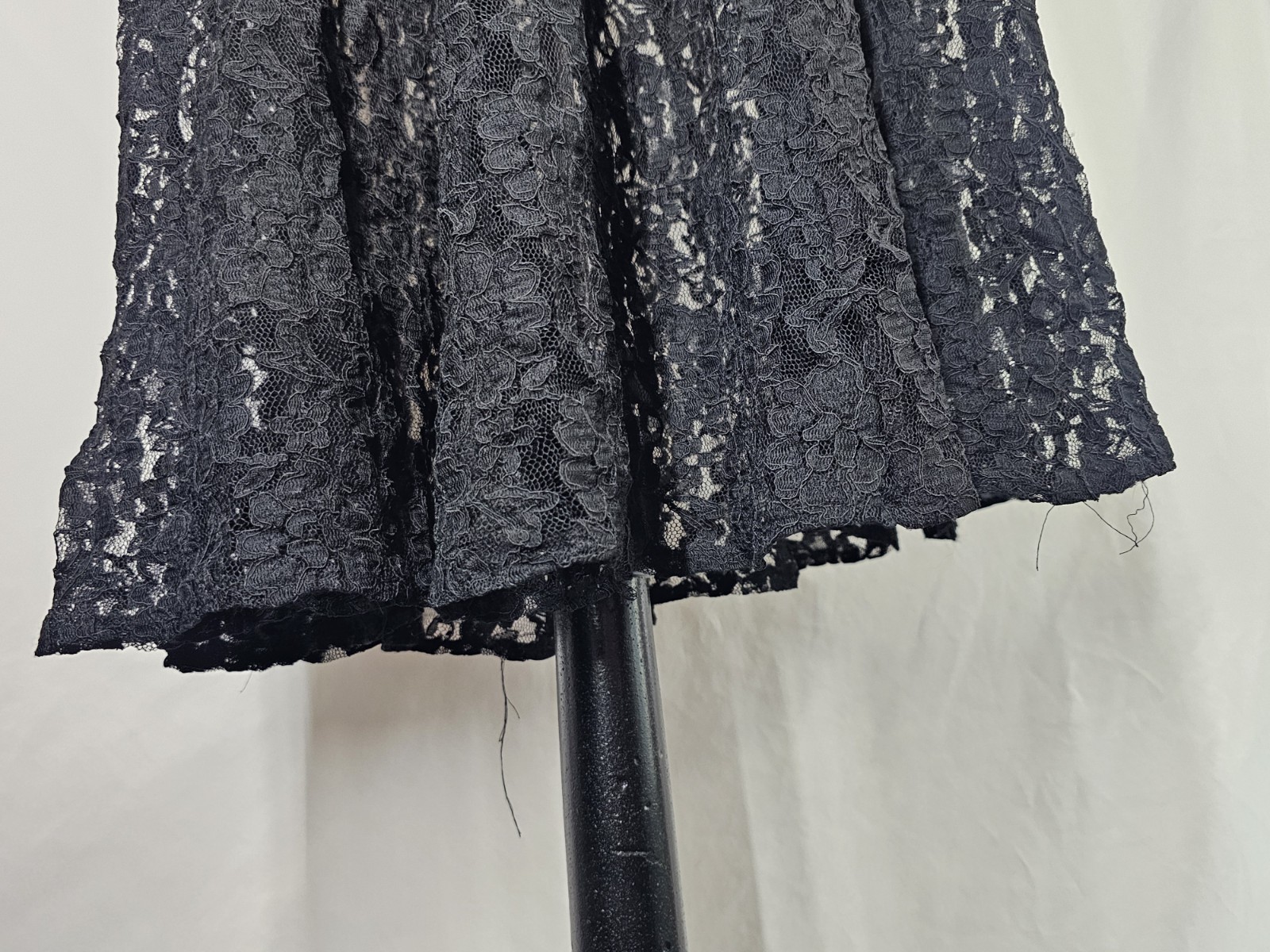 Vintage Karin Stevens Black Lace Dress Nude Illusion Bow Long Sleeve Midi