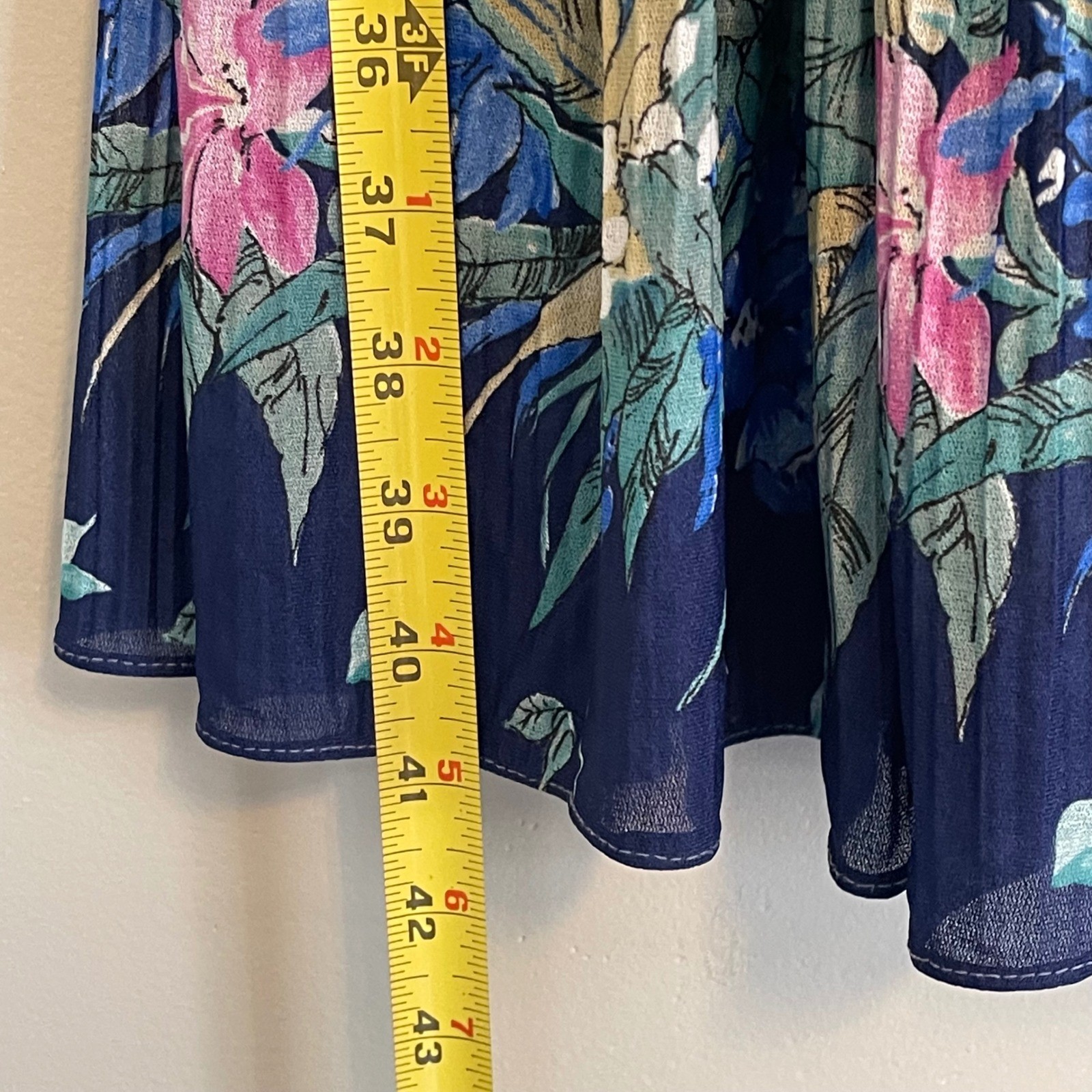 Vintage Hal Ferman 70s Garden Floral Pleated Midi Dress Navy ILGWU Union Made