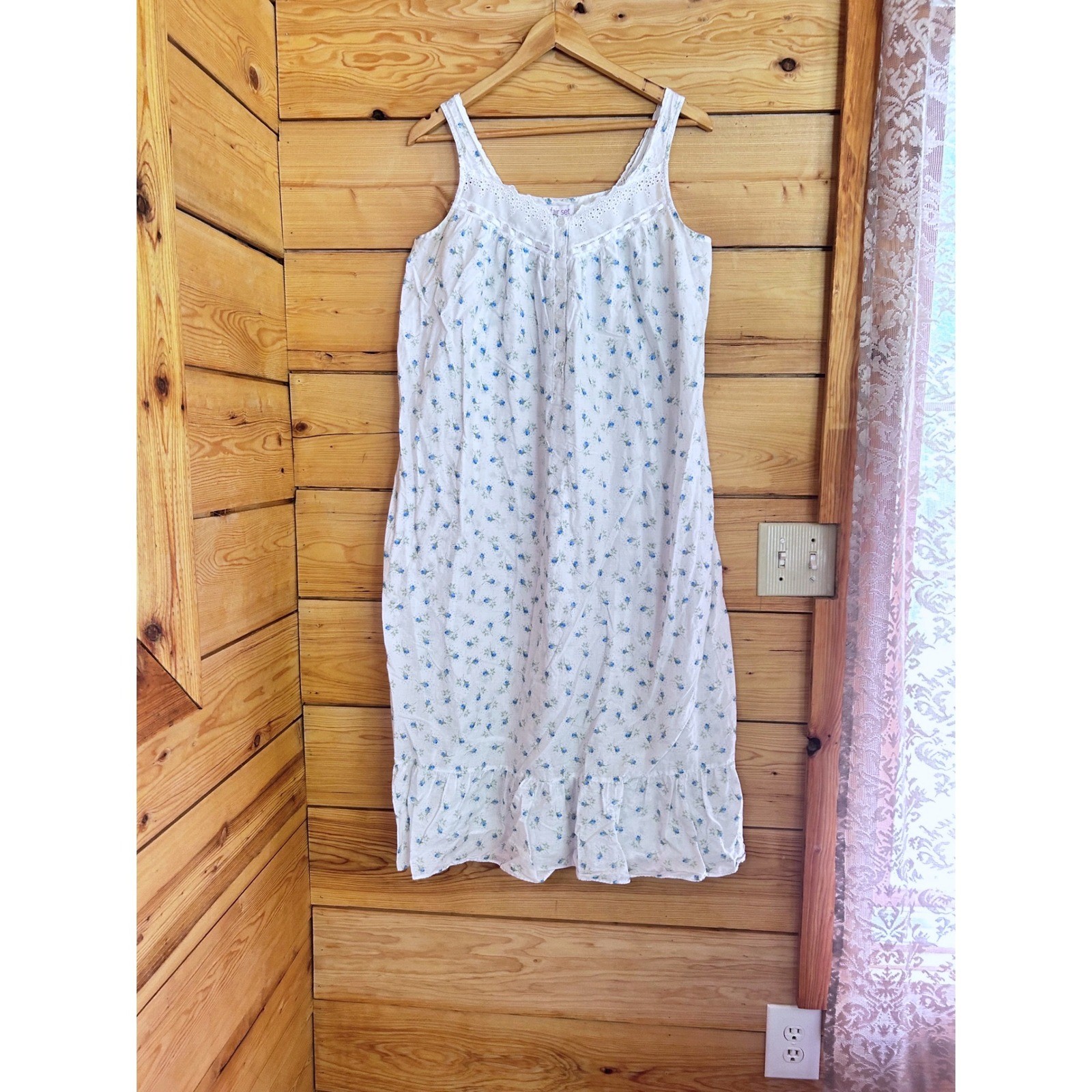 Vintage Cotton Nightgown Womens Small White Blue Floral Eyelet Lace Fair Set