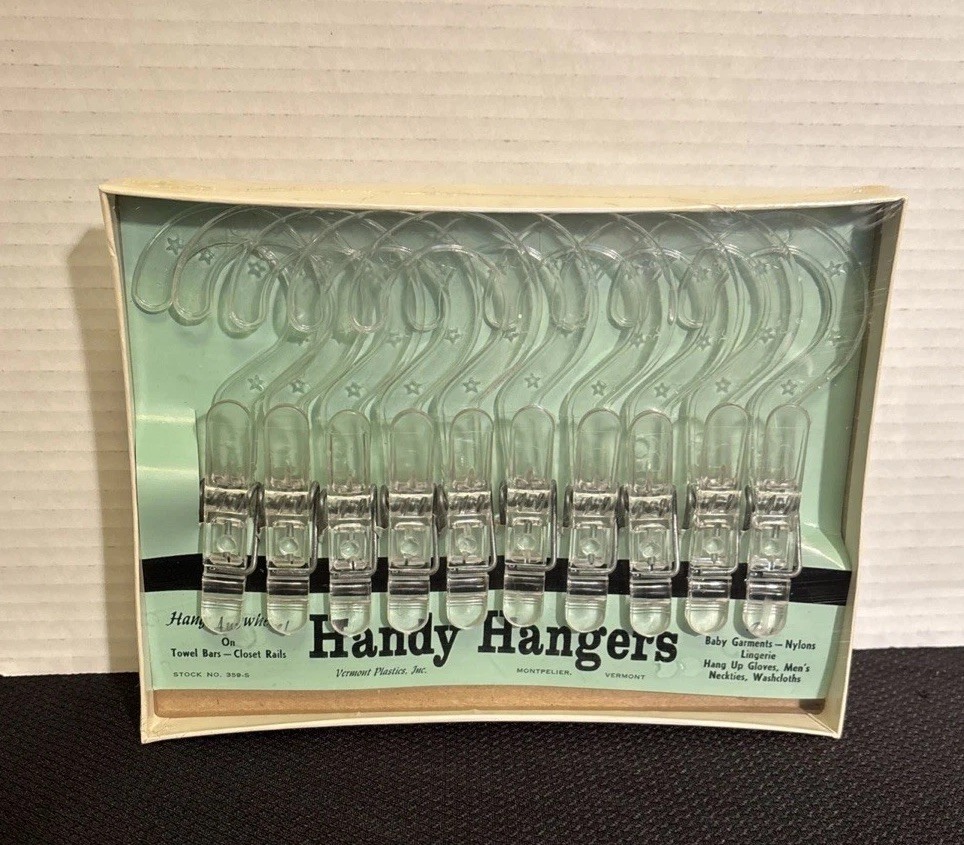 Vintage Handy Hangers Clear Plastic Clip Hangers Set NOS In Box Vermont Plastics