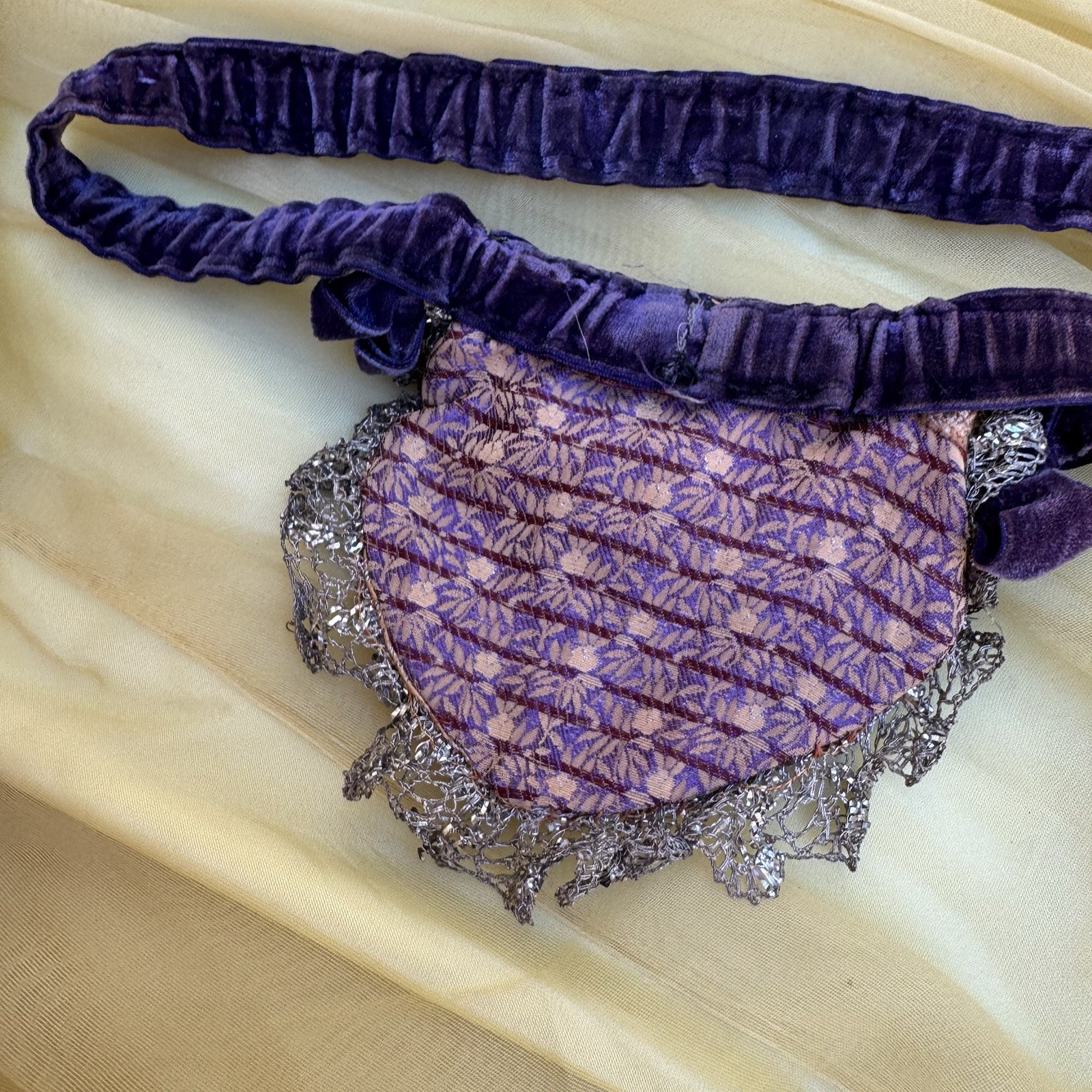 Antique 19th C Purple Lamé Garter Velvet Bow Orange Lingerie Secret Pouch VTG