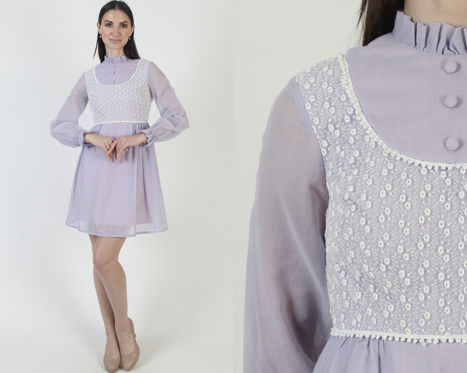 Vtg Purple High Waist Dress White Crochet Mod Scooter Pastel Violet Micro Mini
