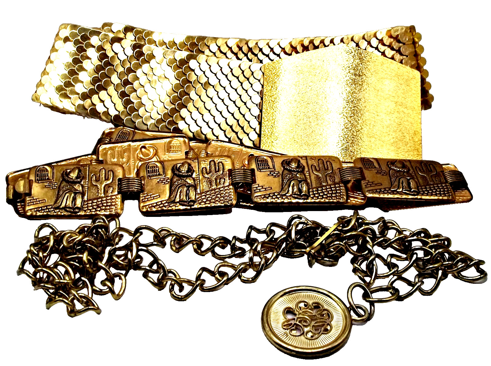 Vintage 60’s 70’s Gold Sequin Stretch, Sombrero Sleeping Man & Chain 3 Belt Lot