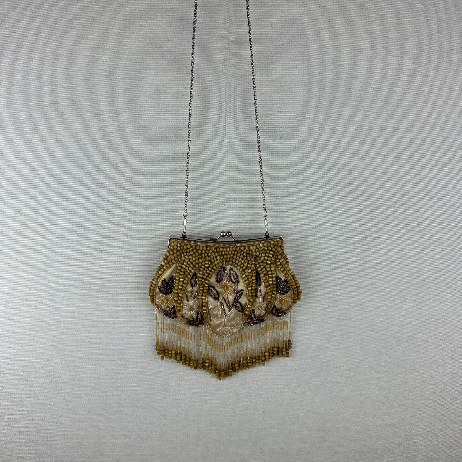 ELABORATE GLASS BEAD SEQUIN GOLD BEIGE TONES SHOULDER PURSE/HANDBAG WITH CHAIN