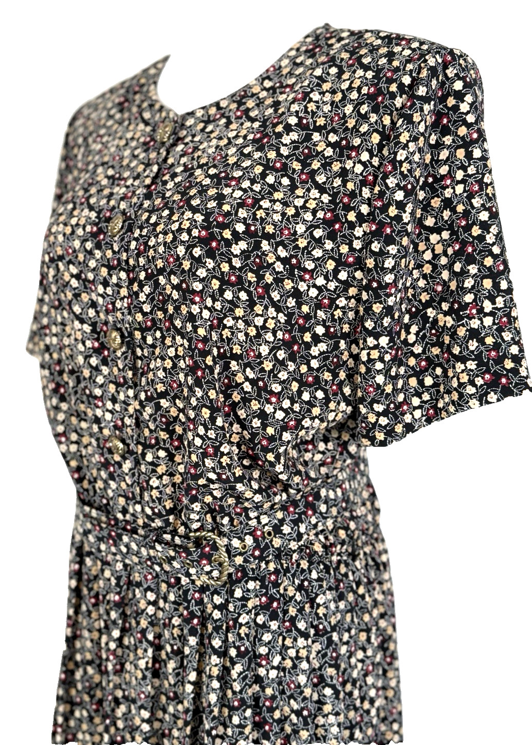 Leslie Fay Womans Size 14 Dress Floral Black Vintage Belted Midi Modest Classic
