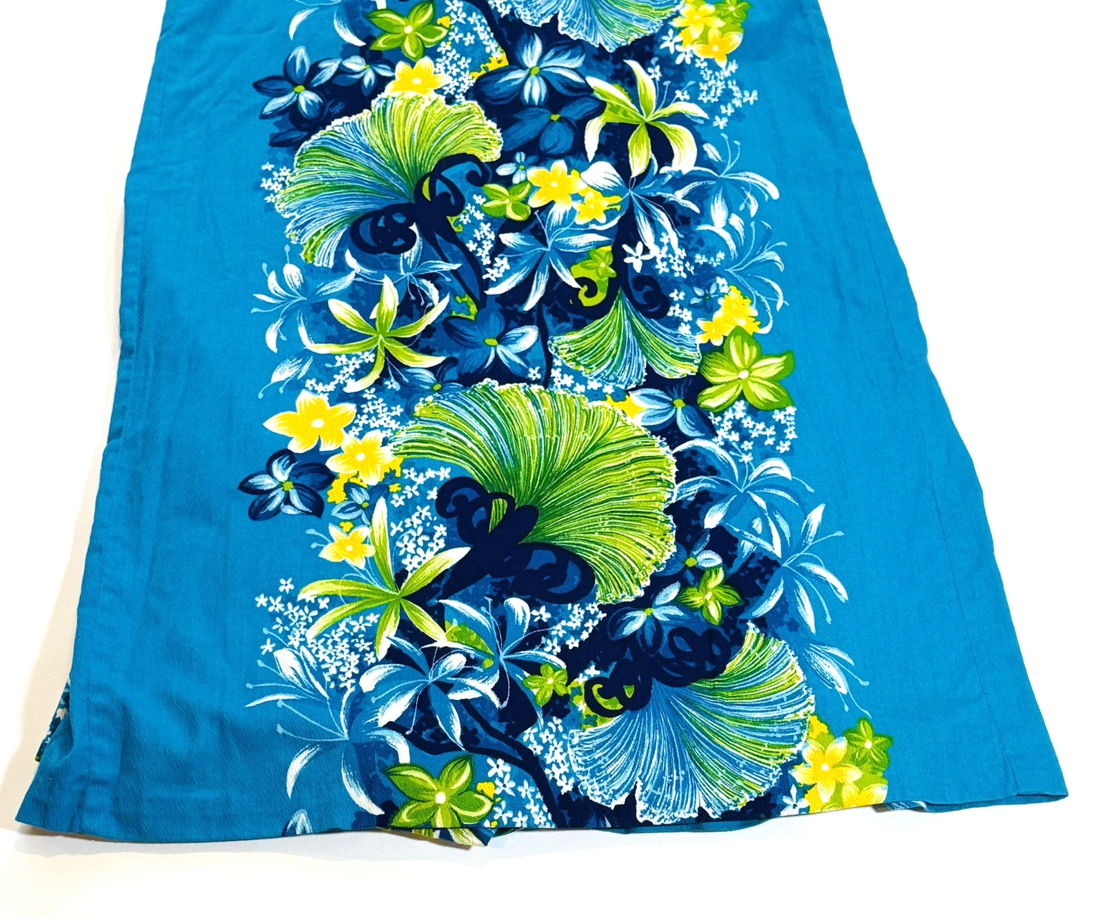VTG Women’s Hawaiian Togs Blue Floral Barkcloth Pleated Train Maxi Dress Sz XS