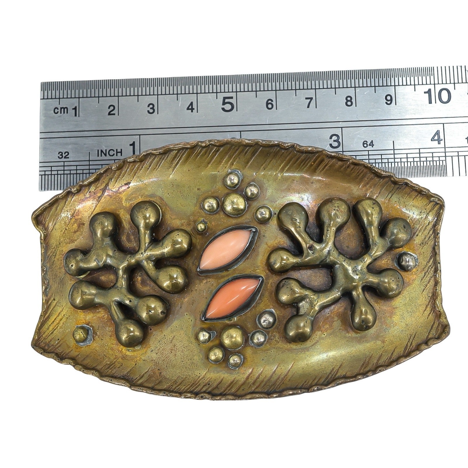 Vintage Signed Wolf Dosch Brutalist Modernist Brass Hair Barrette W Coral Cabs
