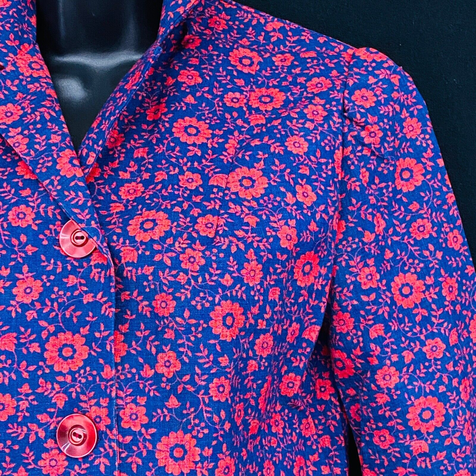 Vintage 1970s blue red floral jacket XS cotton linen purple long sleeve top