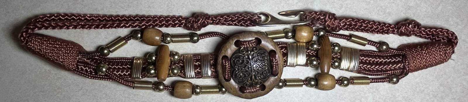 1970s Funky Braided & Beaded Belt Wooden and Metal Beads w/Metal Hook-31 inches