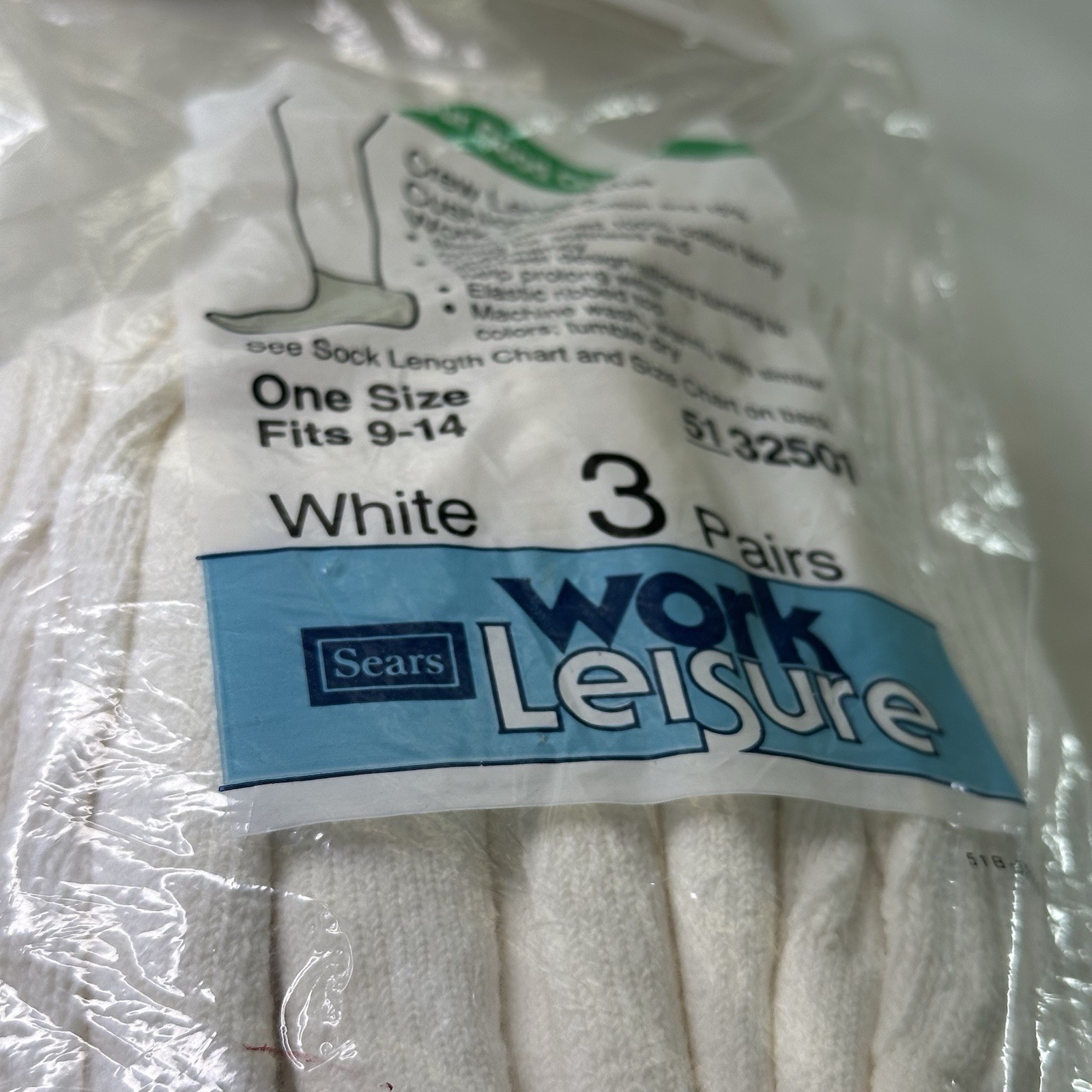Vintage Sears Work Leisure Crew Socks 3 Pair White Cushioned Tube Socks USA 9-14