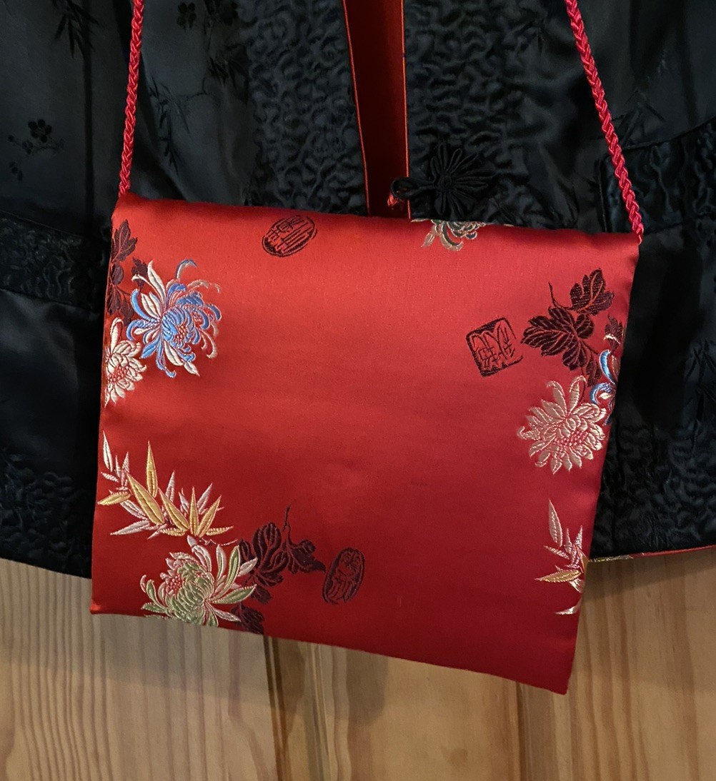 Vintage Chinese Silk Floral Red Black Jacket Reversible Peony Brand L with bag