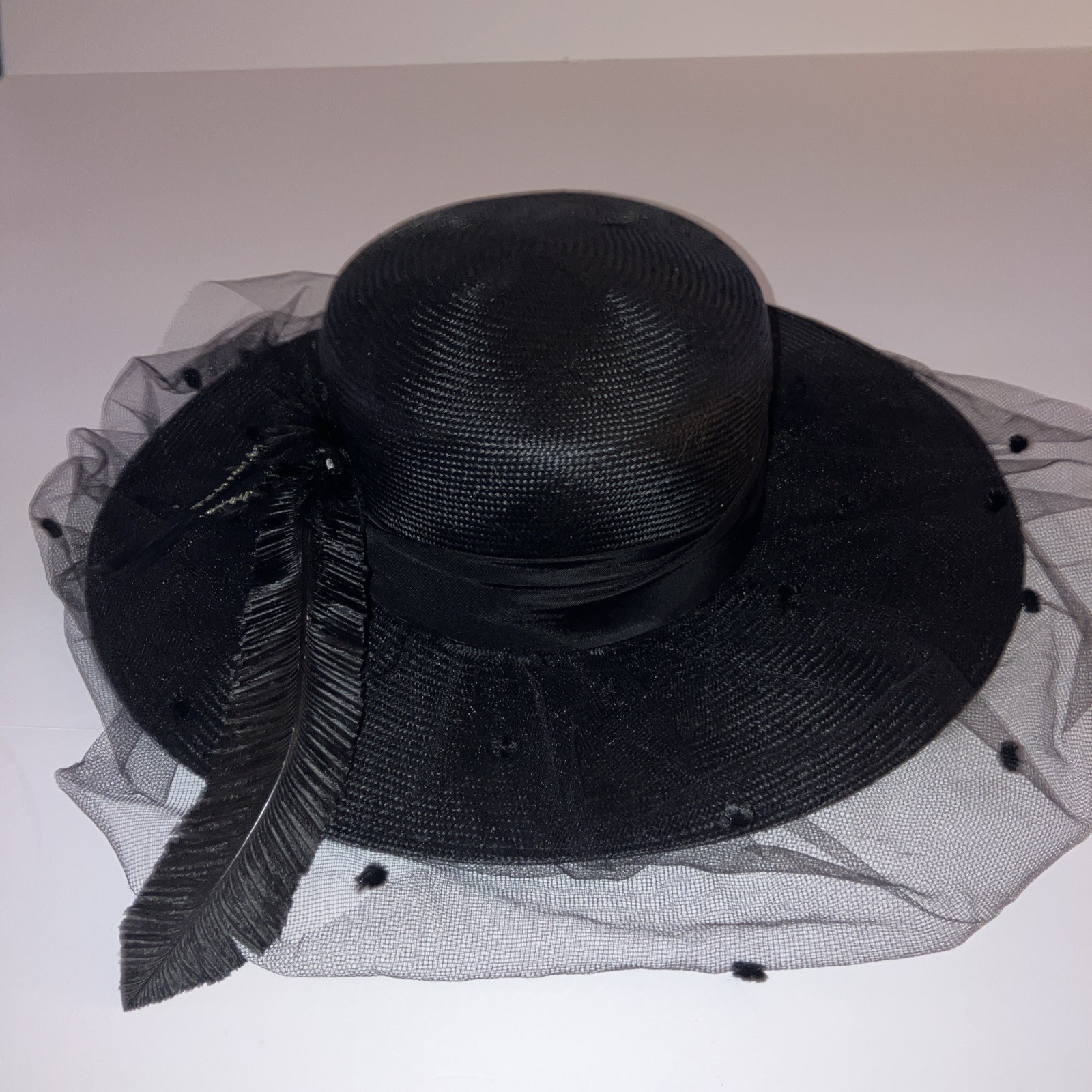 JOE BILL MILLER Black Straw Hat 14in w/Veil & Black Feather 🇺🇸USA Made